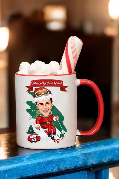 Erkek Kardeşe Yılbaşı Hediyesi Karikatürlü İçi Renkli Kupa Bardak