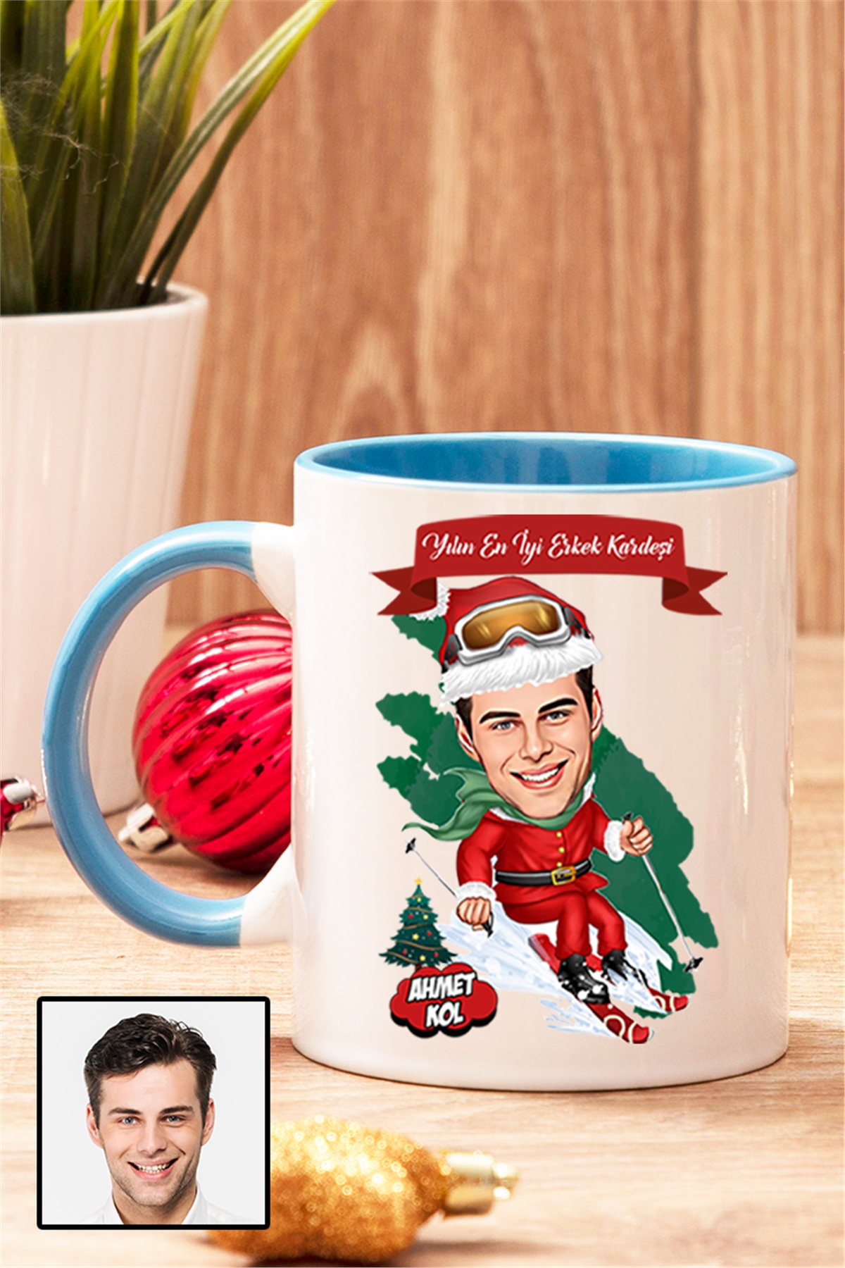 Erkek Kardeşe Yılbaşı Hediyesi Karikatürlü İçi Renkli Kupa Bardak