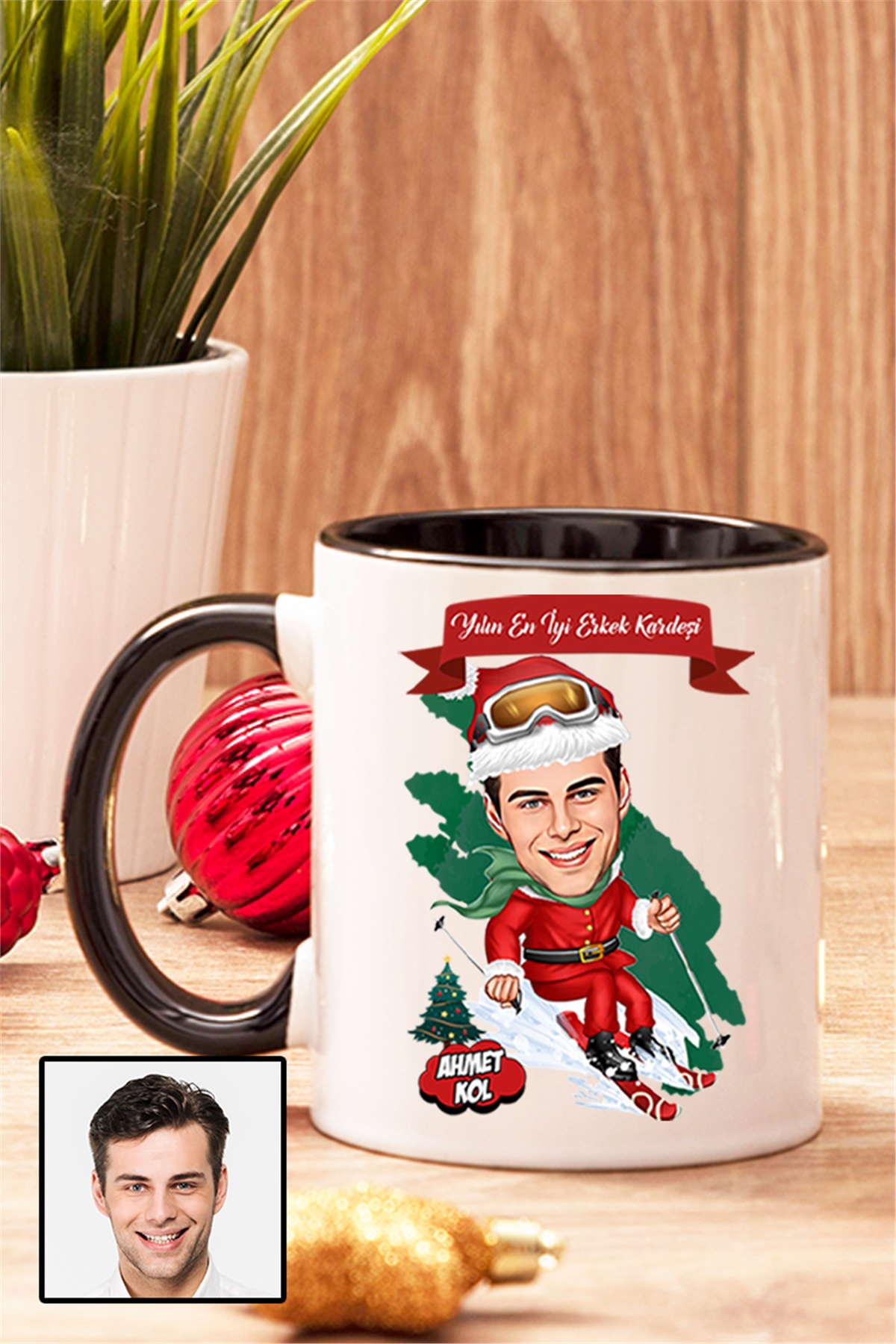 Erkek Kardeşe Yılbaşı Hediyesi Karikatürlü İçi Renkli Kupa Bardak