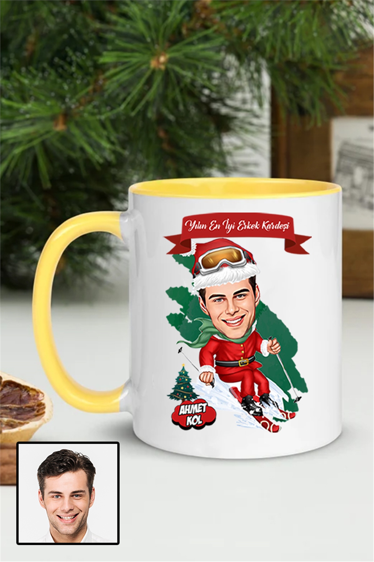 Erkek Kardeşe Yılbaşı Hediyesi Karikatürlü İçi Renkli Kupa Bardak