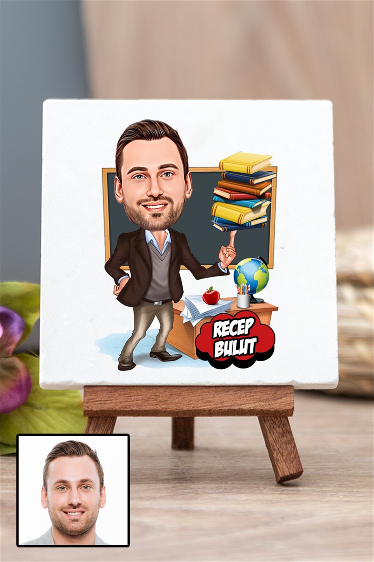 Erkek Öğretmene Hediye Karikatürlü Ahşap Şovaleli Taş Masa Dekoru