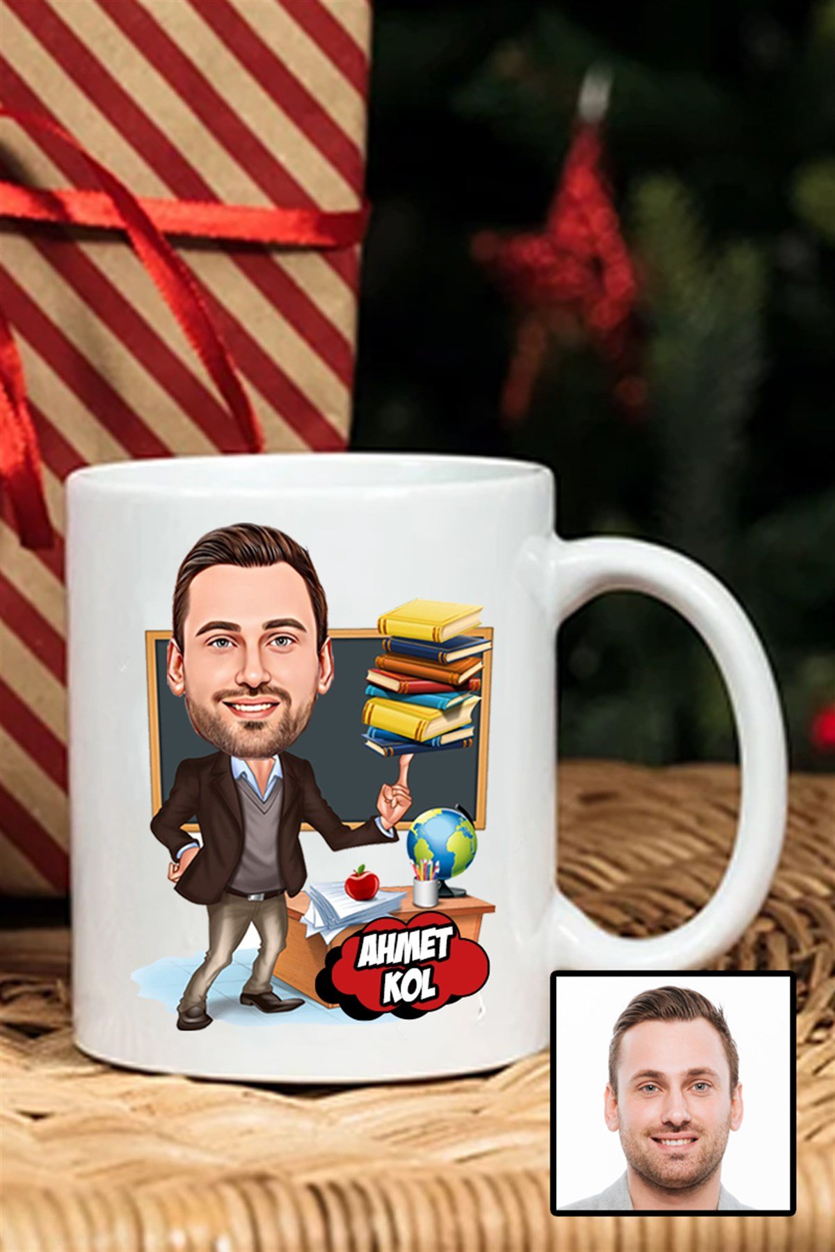 Erkek Öğretmene Hediye Karikatürlü Beyaz Kupa Bardak