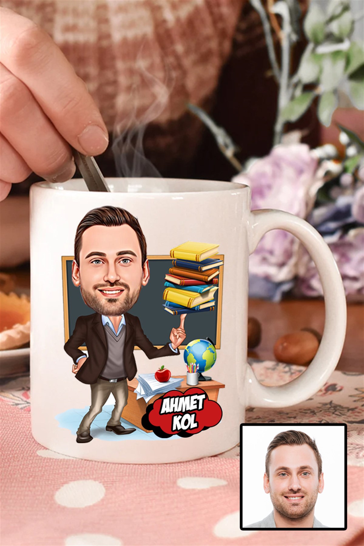 Erkek Öğretmene Hediye Karikatürlü Beyaz Kupa Bardak