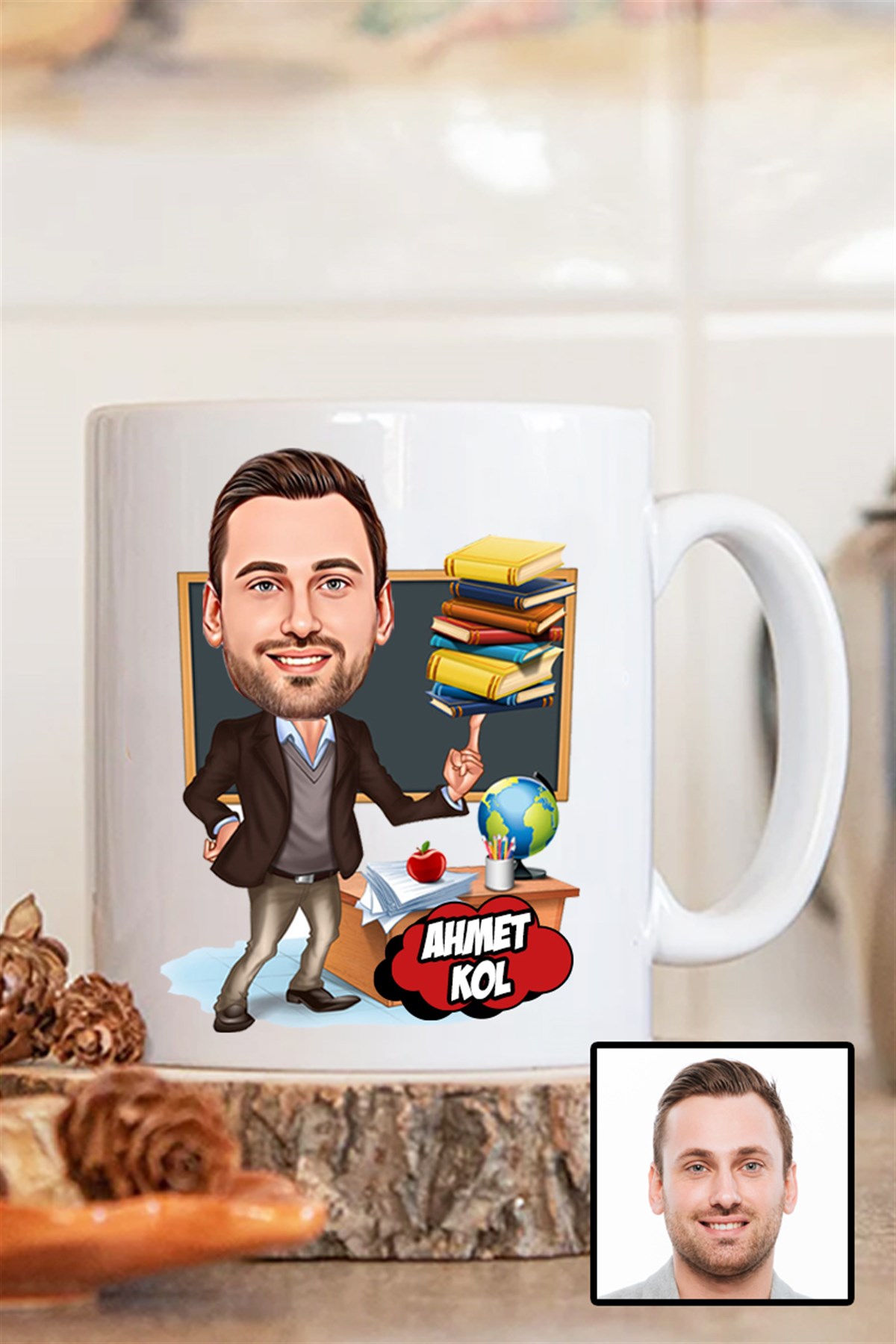 Erkek Öğretmene Hediye Karikatürlü Beyaz Kupa Bardak