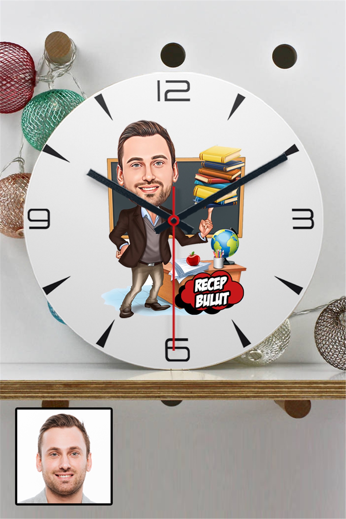 Erkek Öğretmene Kişiye Özel Hediye Karikatürlü Duvar Saati