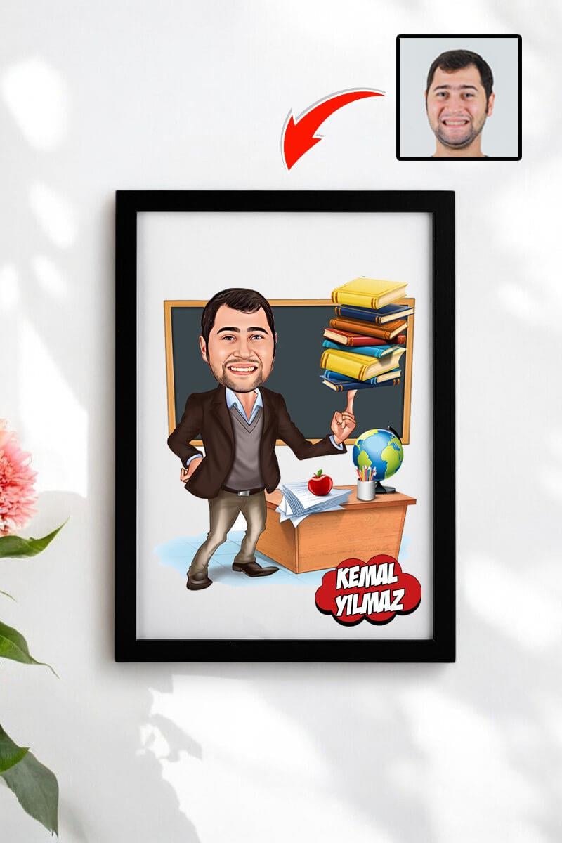 Erkek Öğretmene Öğretmenler Günü Hediyesi Karikatürlü Çerçeve