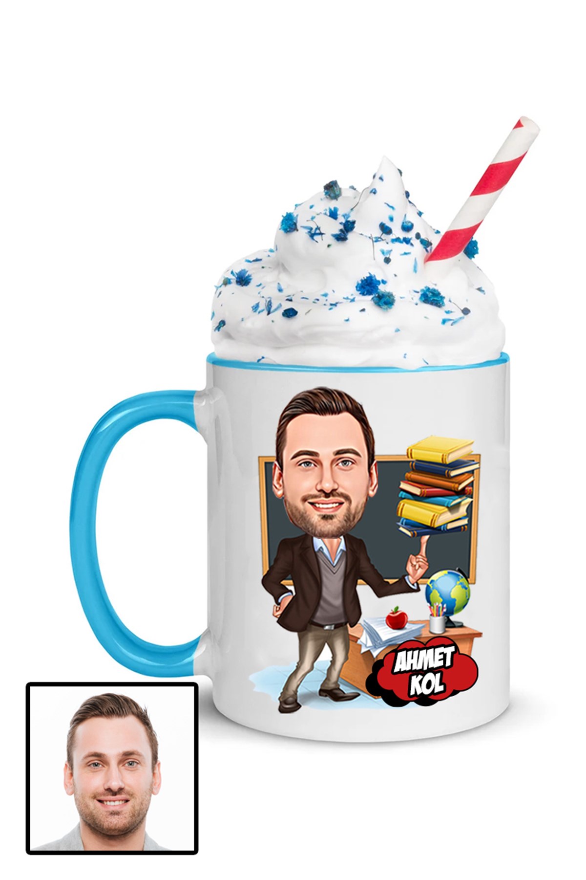 Erkek Öğretmene Özel Hediye Karikatürlü İçi Renkli Kupa Bardak