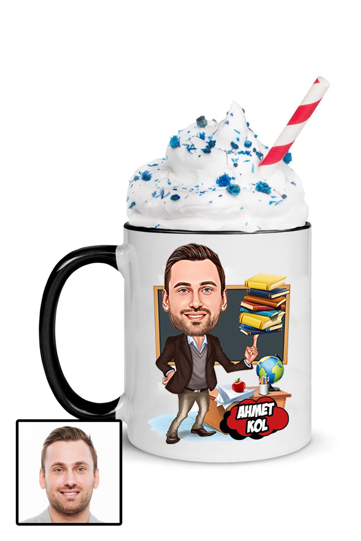 Erkek Öğretmene Özel Hediye Karikatürlü İçi Renkli Kupa Bardak