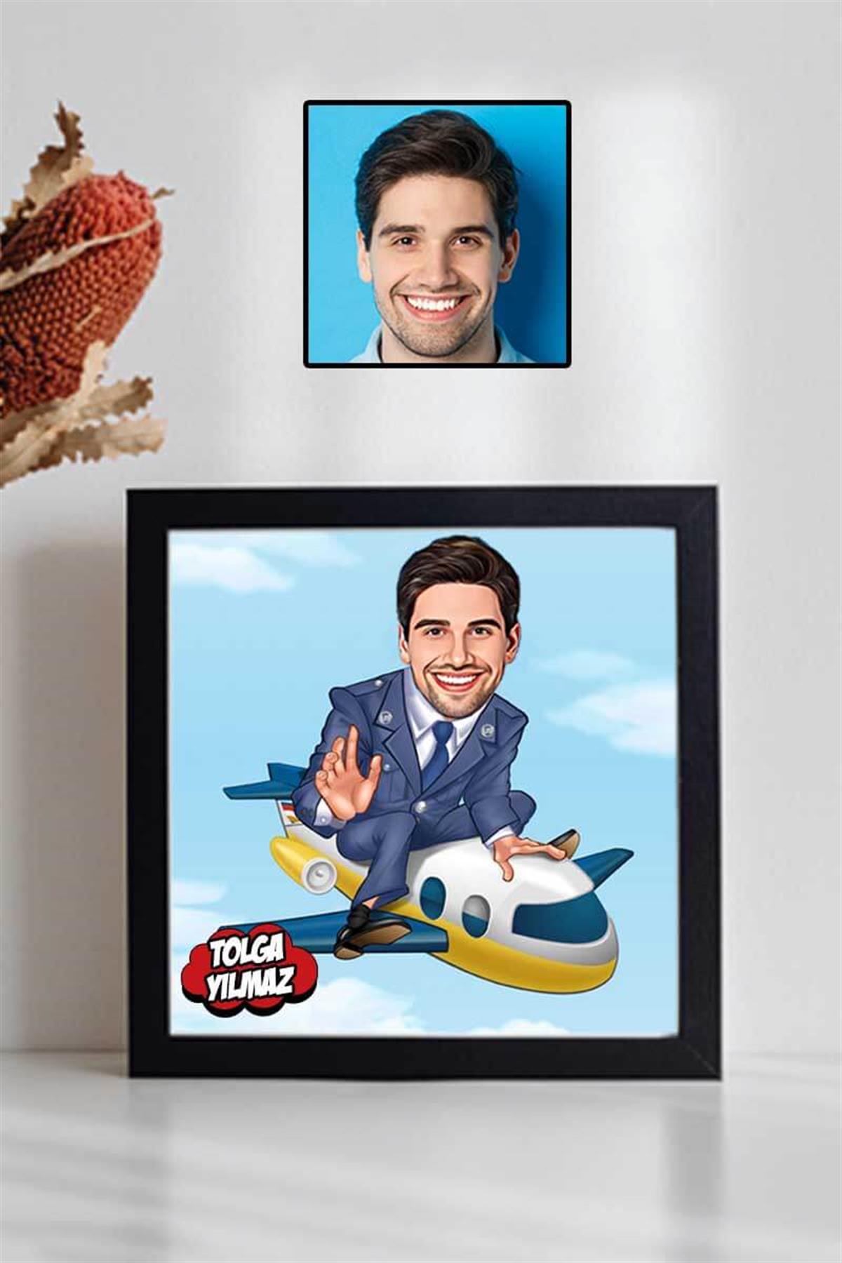 Erkek Pilota Hediye Karikatürlü Kare Çerçeve