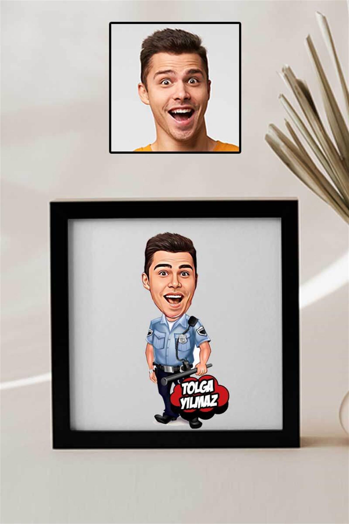 Erkek Polise Hediye Karikatürlü Kare Çerçeve