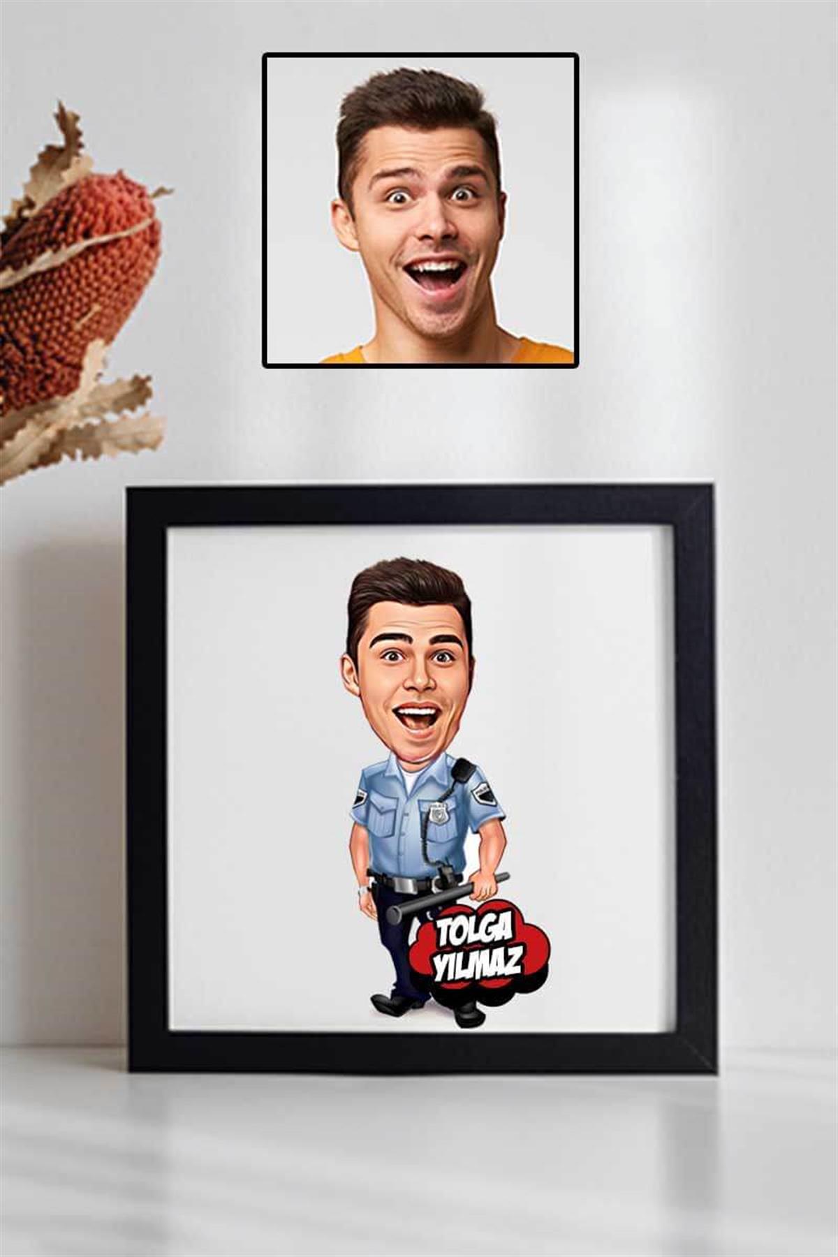 Erkek Polise Hediye Karikatürlü Kare Çerçeve