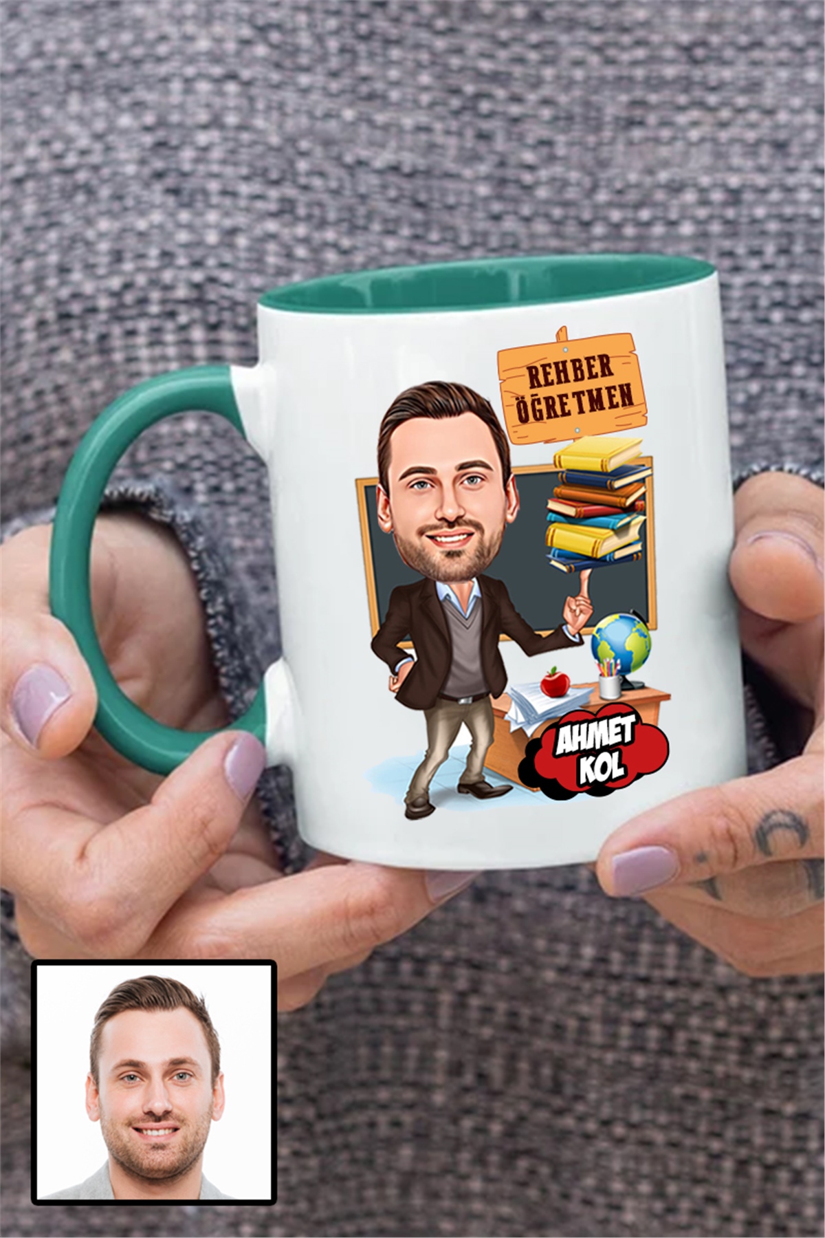 Erkek Rehber Öğretmene Özel Hediye Karikatürlü İçi Renkli Kupa Bardak