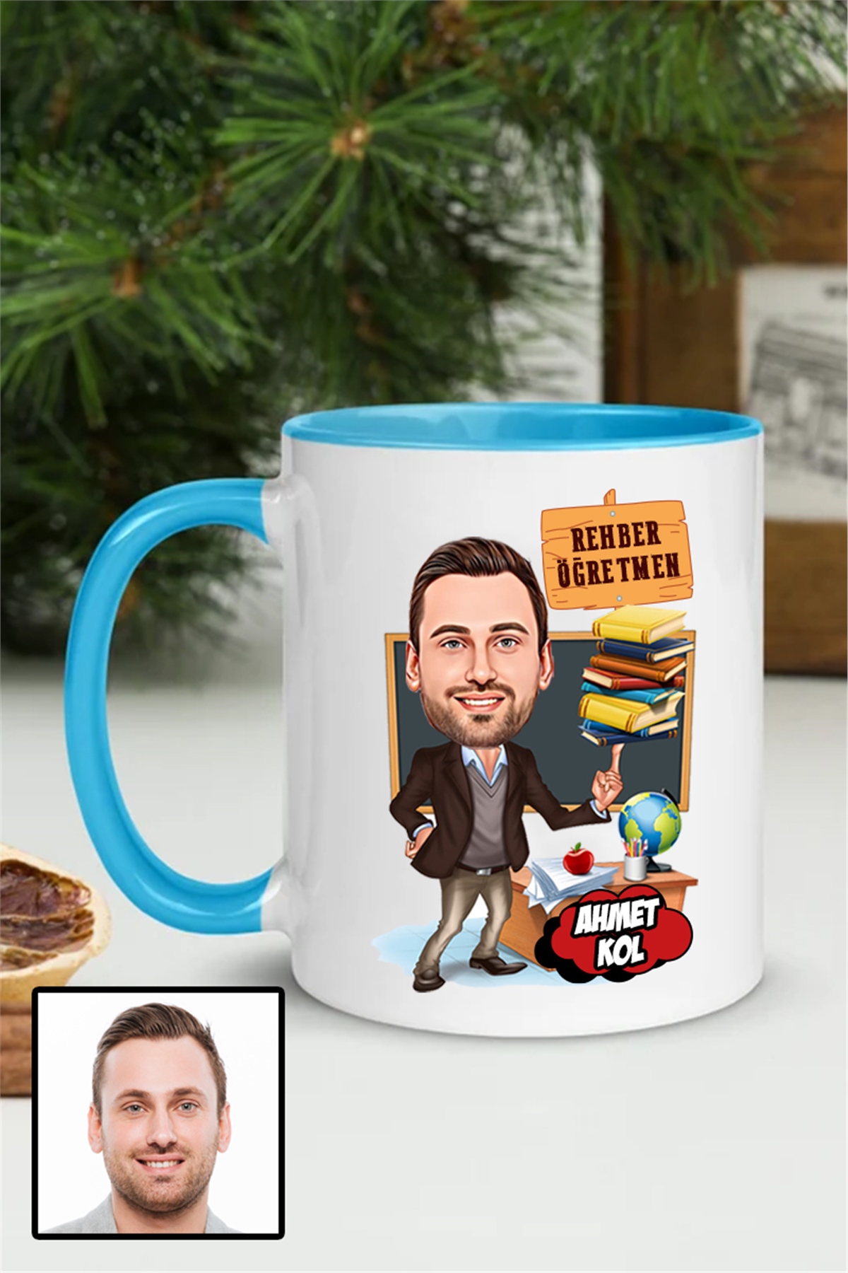 Erkek Rehber Öğretmene Özel Hediye Karikatürlü İçi Renkli Kupa Bardak