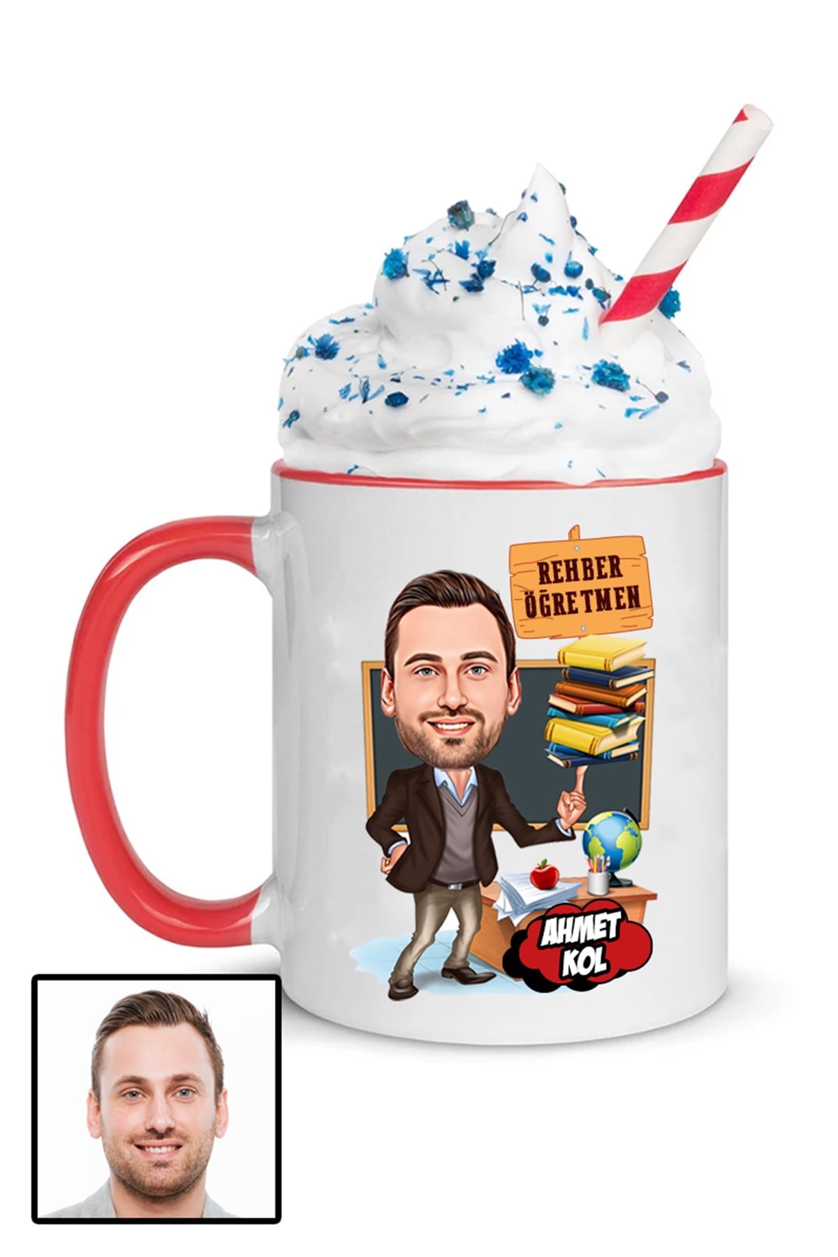 Erkek Rehber Öğretmene Özel Hediye Karikatürlü İçi Renkli Kupa Bardak