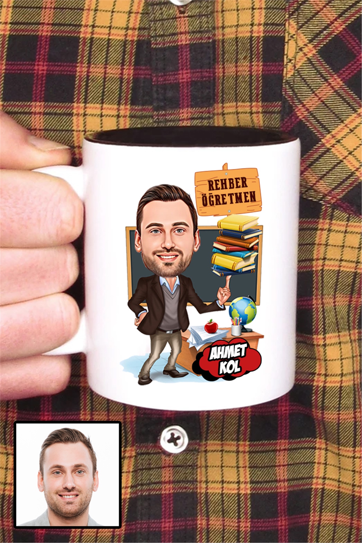 Erkek Rehber Öğretmene Özel Hediye Karikatürlü İçi Renkli Kupa Bardak