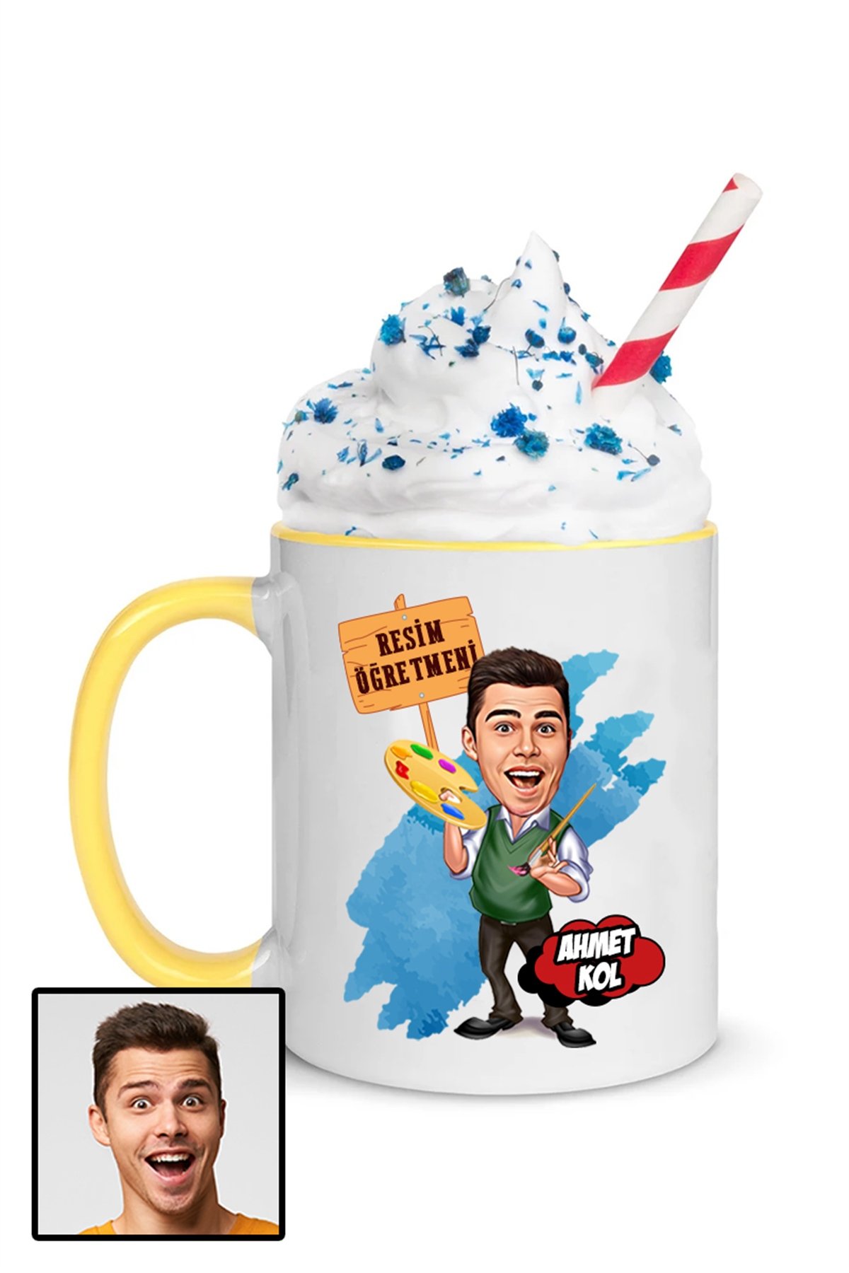 Erkek Resim Öğretmenine Özel Hediye Karikatürlü İçi Renkli Kupa Bardak