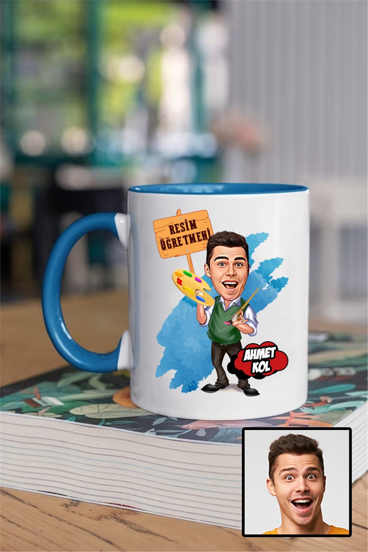 Erkek Resim Öğretmenine Özel Hediye Karikatürlü İçi Renkli Kupa Bardak