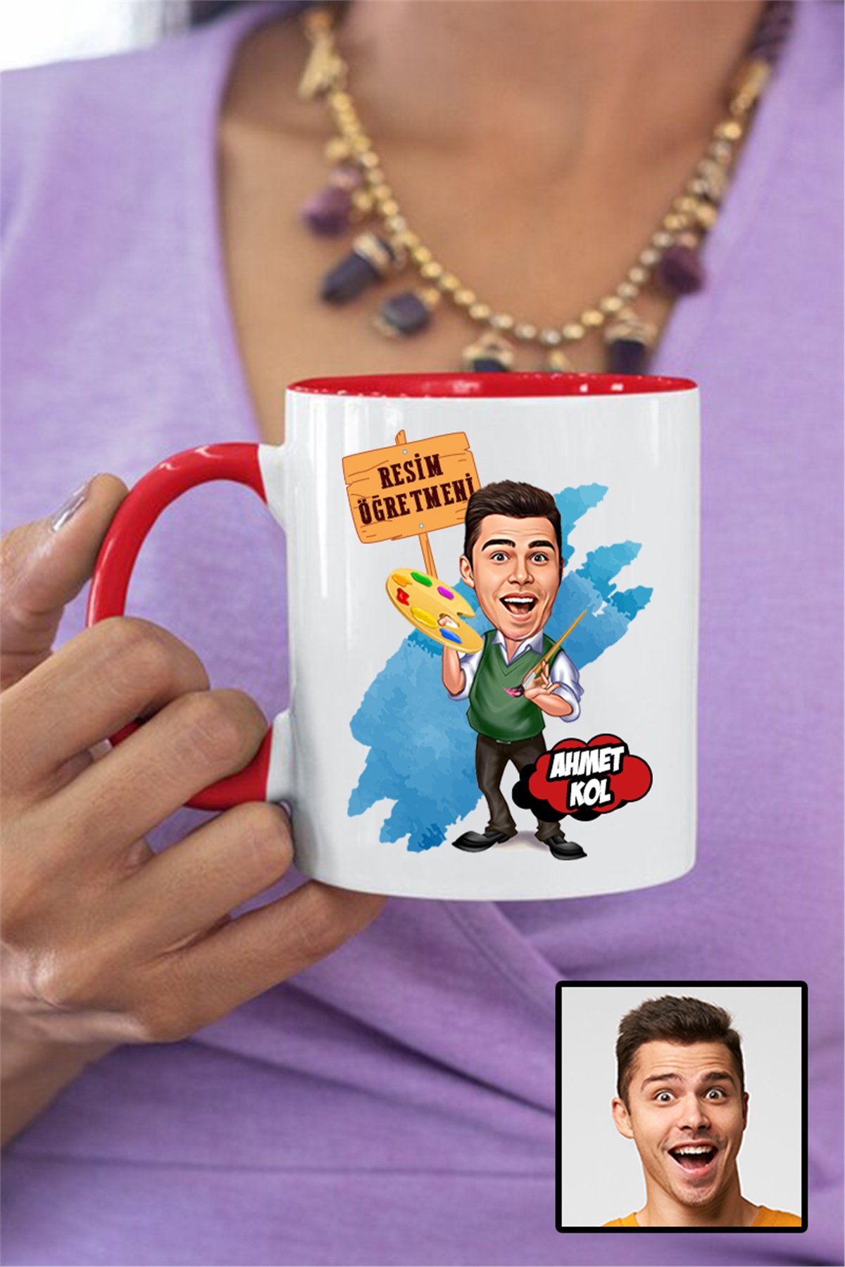 Erkek Resim Öğretmenine Özel Hediye Karikatürlü İçi Renkli Kupa Bardak