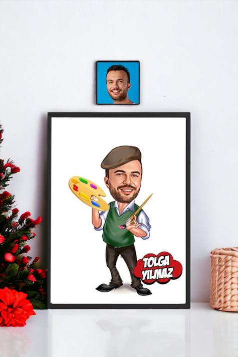 Erkek Ressama Hediye Kişiye Özel Ressam Karikatürlü Hediyelik Çerçeve