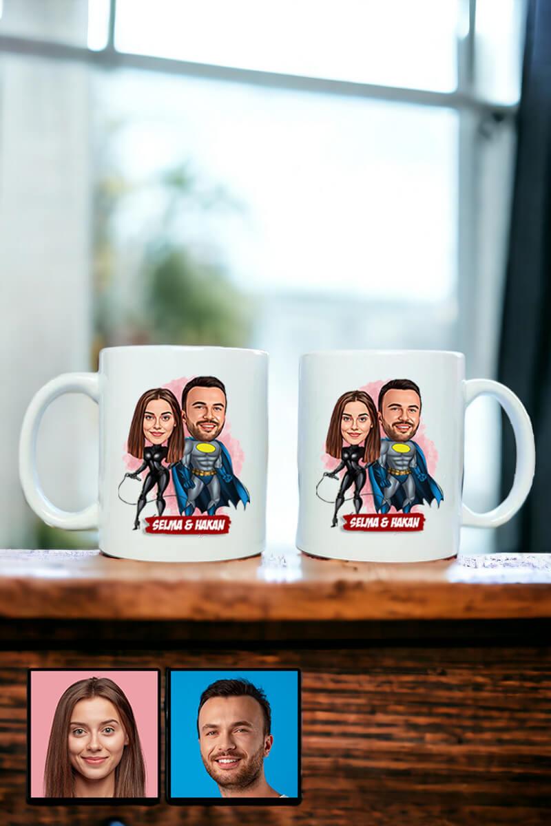 Erkek Sevgiliye İlginç Hediye Karikatürlü İkili Beyaz Kupa Bardak