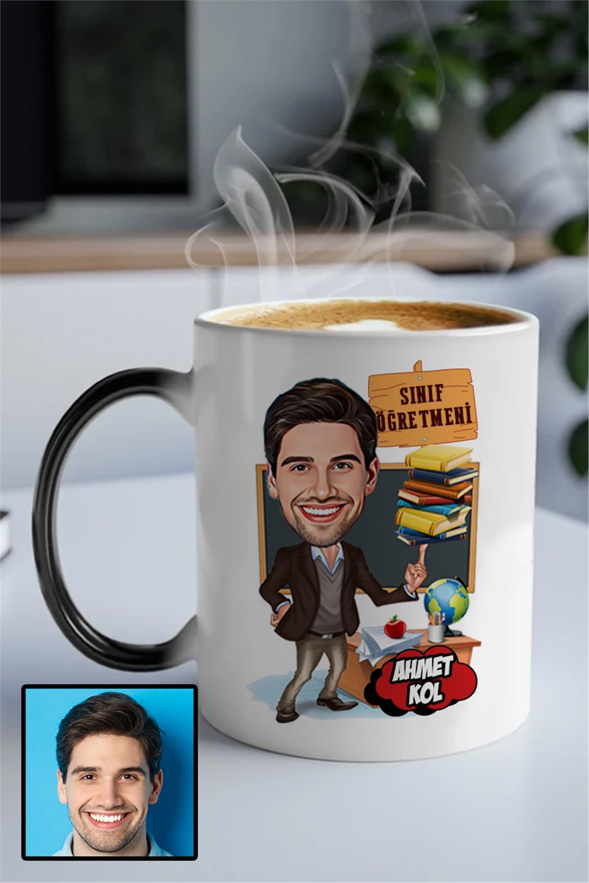 Erkek Sınıf Öğretmenine Kişiye Özel Hediye Karikatürlü Sihirli Kupa Bardak