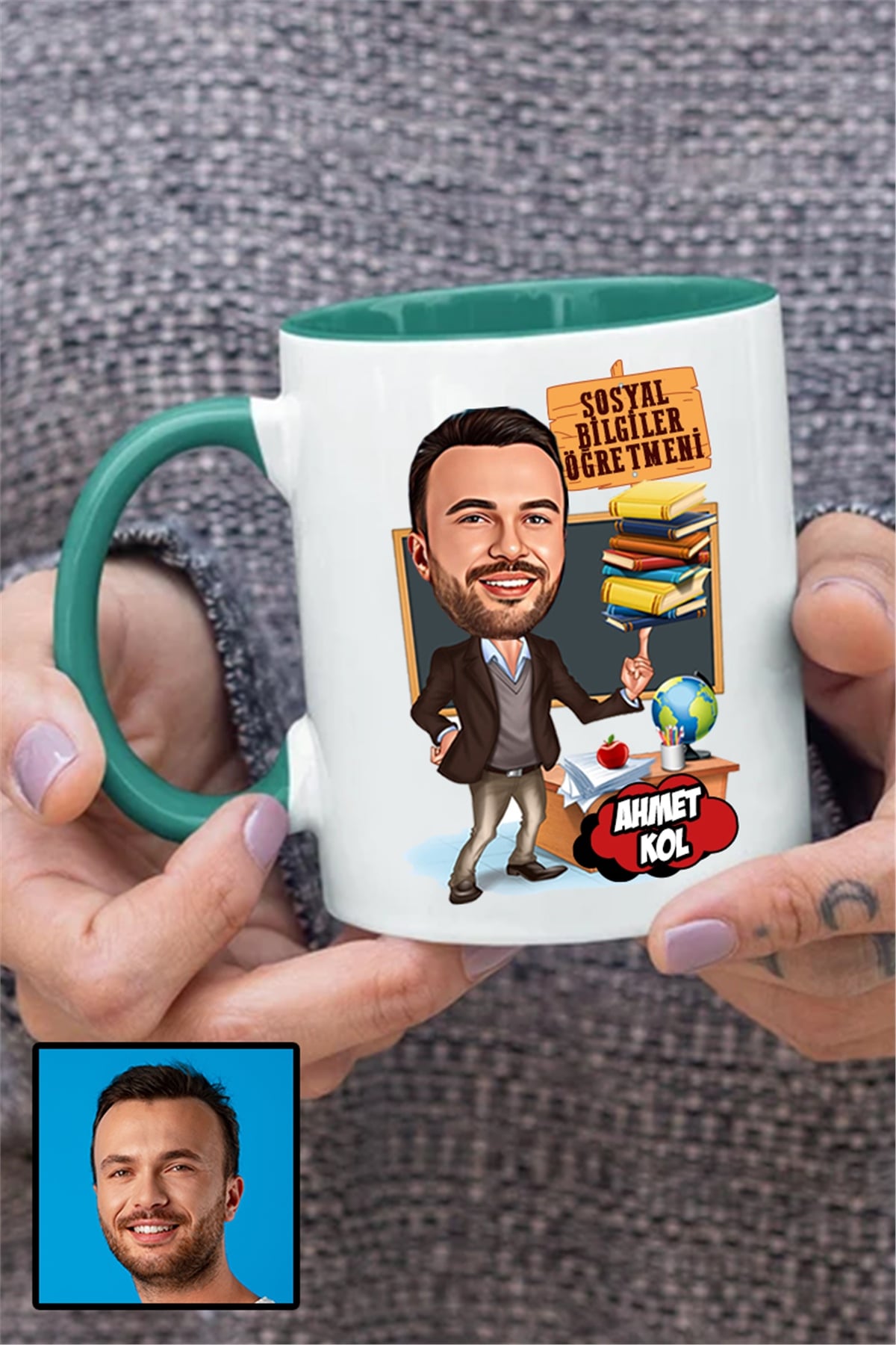 Erkek Sosyal Bilgiler Öğretmenine Özel Hediye Karikatürlü İçi Renkli Kupa Bardak