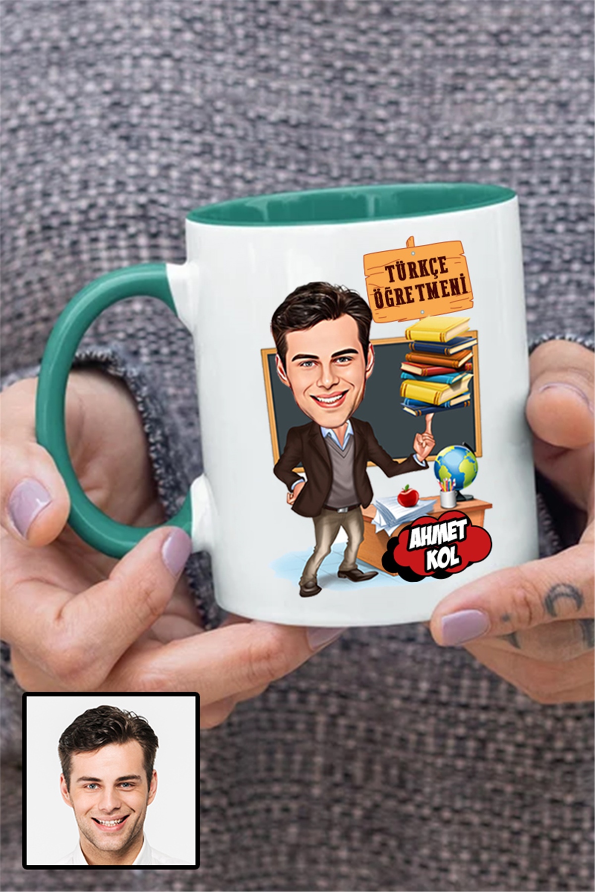 Erkek Türkçe Öğretmenine Özel Hediye Karikatürlü İçi Renkli Kupa Bardak