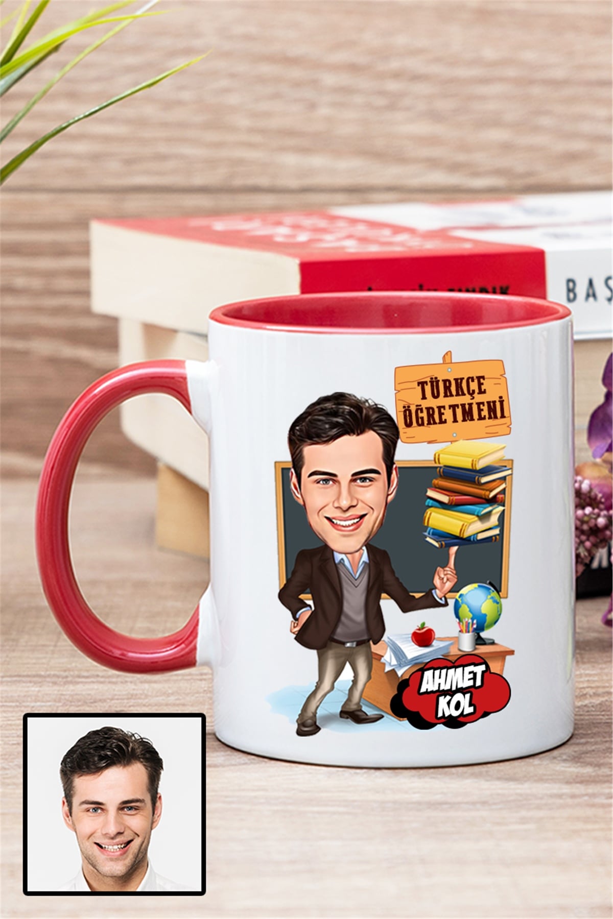 Erkek Türkçe Öğretmenine Özel Hediye Karikatürlü İçi Renkli Kupa Bardak