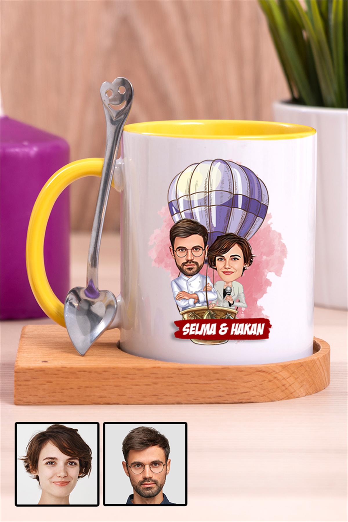 Eşe Hediye Uçan Balon Temalı Karikatürlü Ahşap Altlıklı İçi Renkli Kupa Bardak