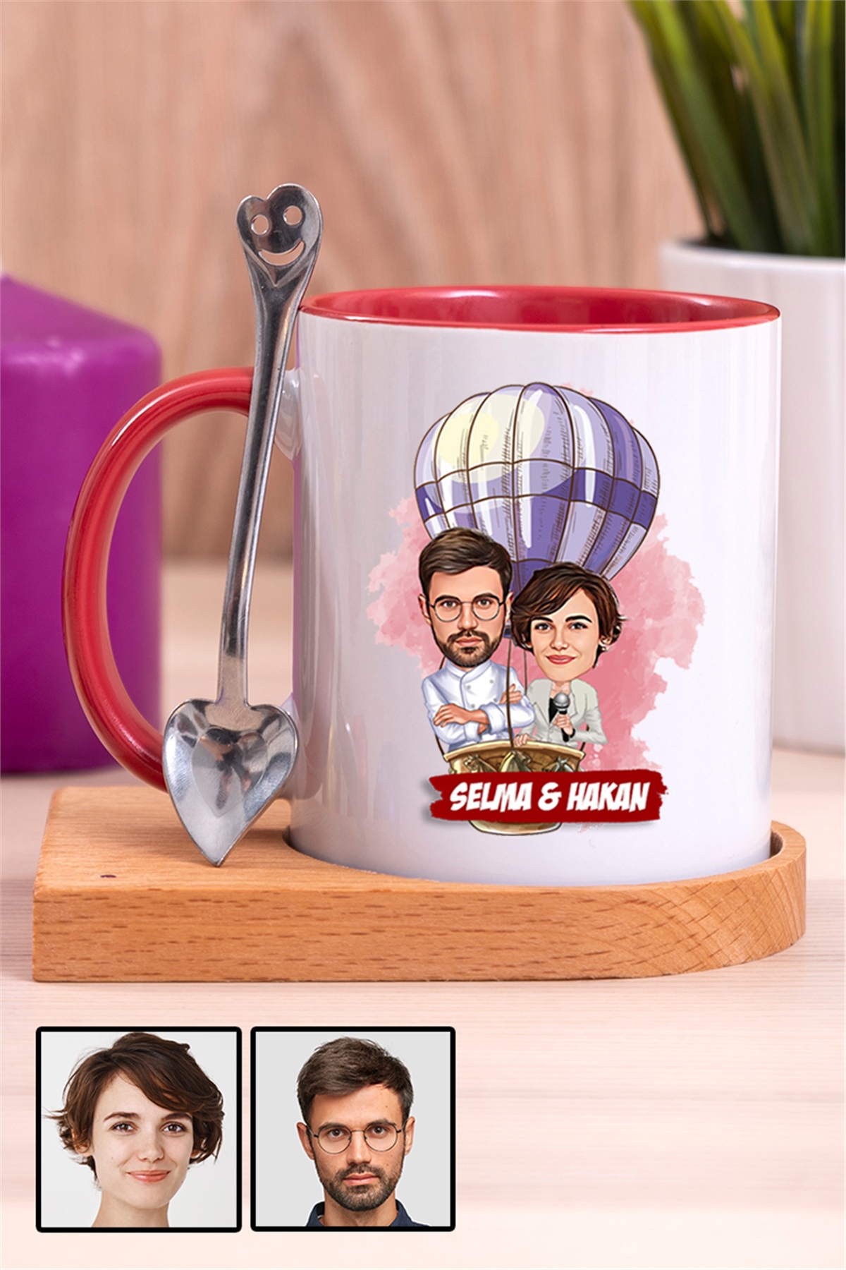 Eşe Hediye Uçan Balon Temalı Karikatürlü Ahşap Altlıklı İçi Renkli Kupa Bardak