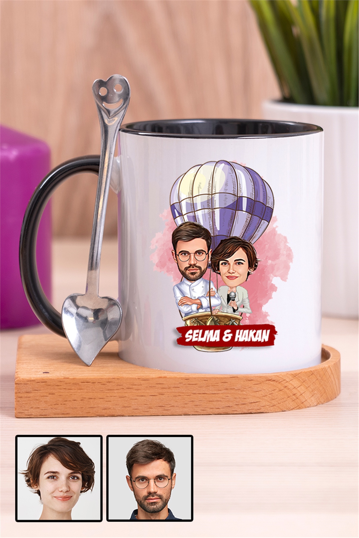 Eşe Hediye Uçan Balon Temalı Karikatürlü Ahşap Altlıklı İçi Renkli Kupa Bardak