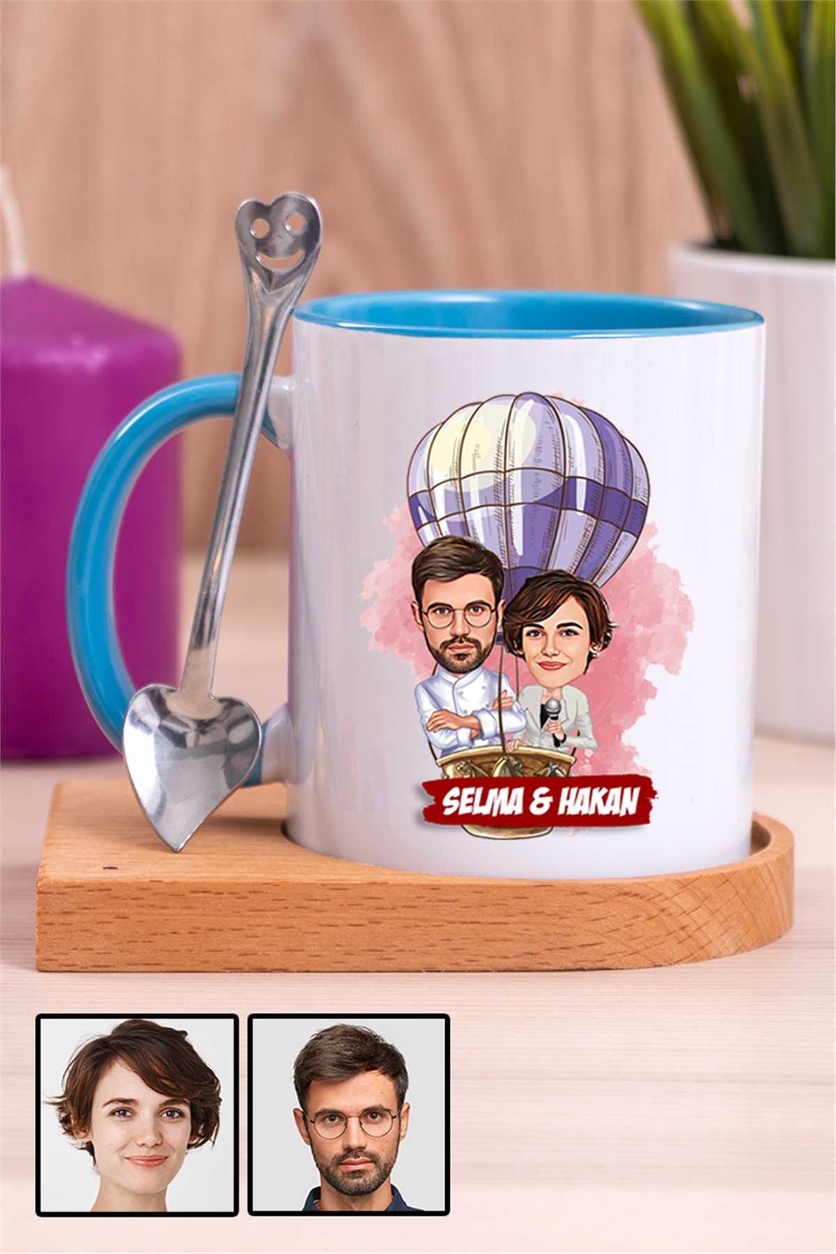 Eşe Hediye Uçan Balon Temalı Karikatürlü Ahşap Altlıklı İçi Renkli Kupa Bardak