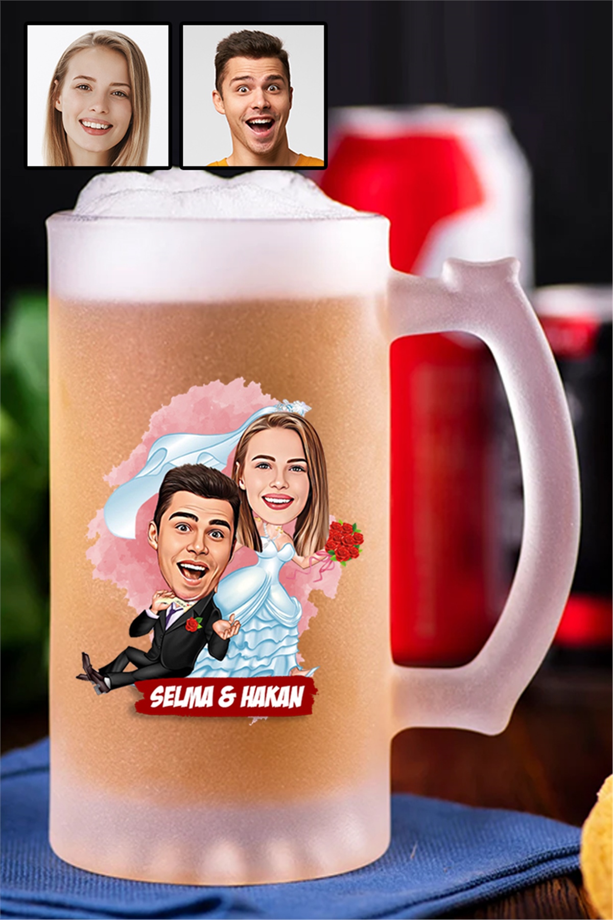 Eşe İlginç Hediye Evlilik Temalı Karikatürlü Buzlu Cam Bira Bardağı