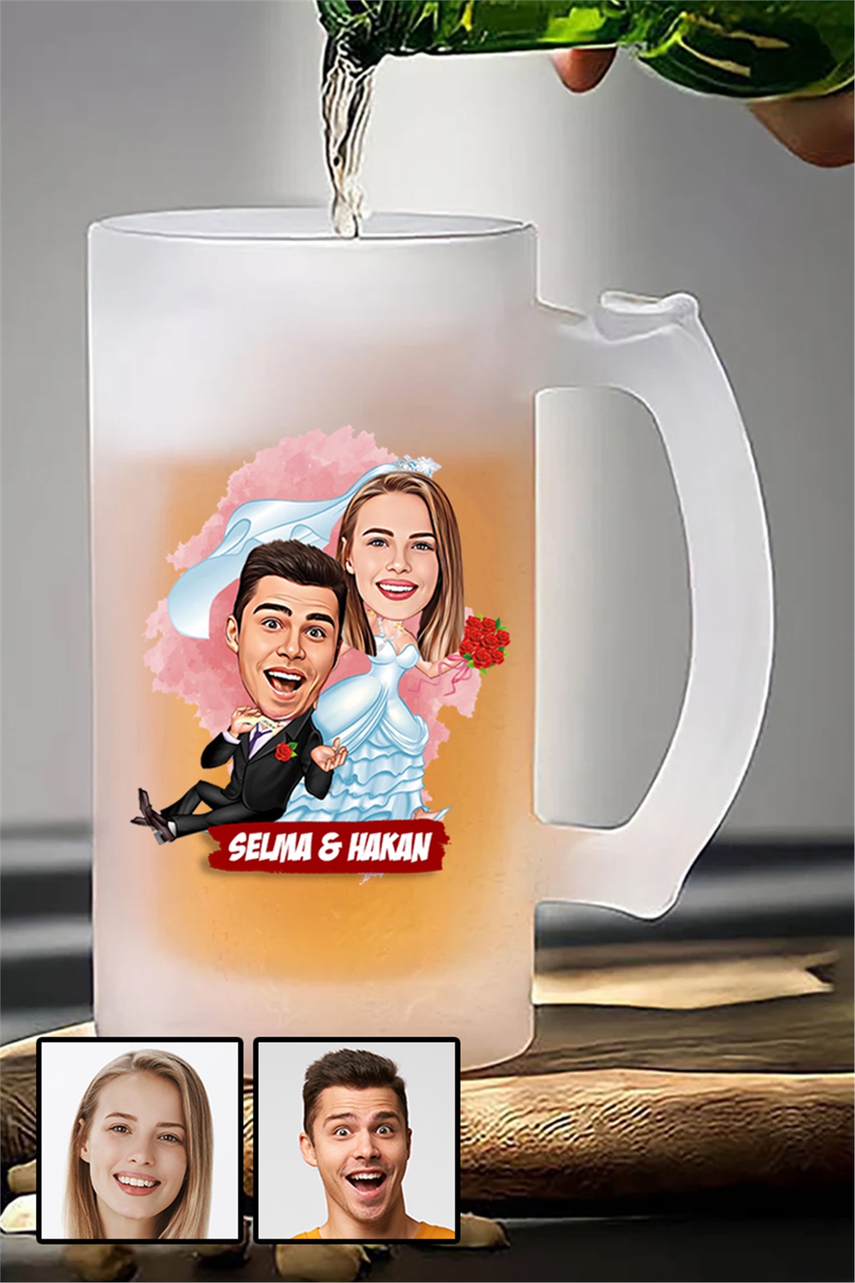 Eşe İlginç Hediye Evlilik Temalı Karikatürlü Buzlu Cam Bira Bardağı