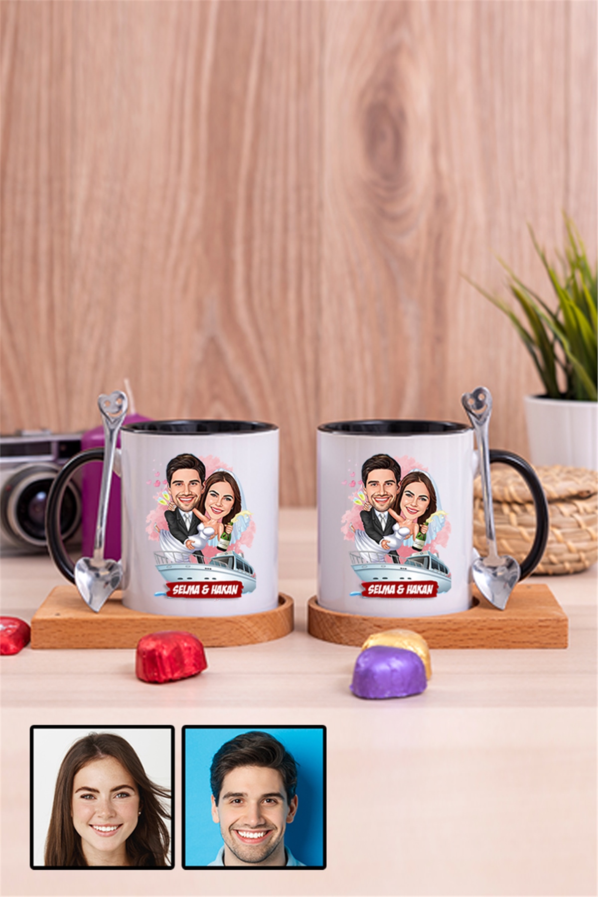 Eşe Komik Hediye Gelin Damat Temalı Karikatürlü İkili Ahşap Altlıklı İçi Renkli Kupa Bardak