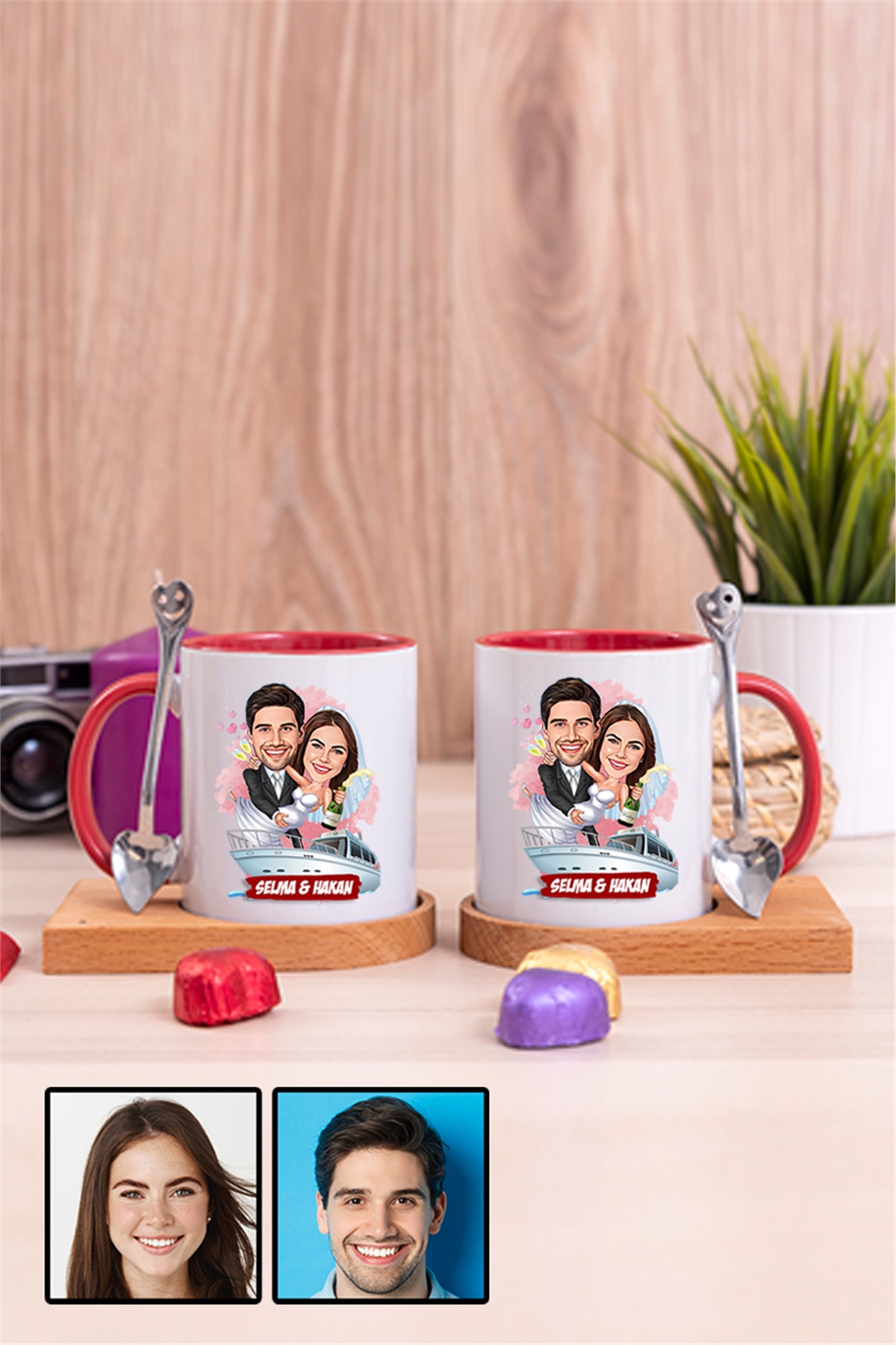Eşe Komik Hediye Gelin Damat Temalı Karikatürlü İkili Ahşap Altlıklı İçi Renkli Kupa Bardak
