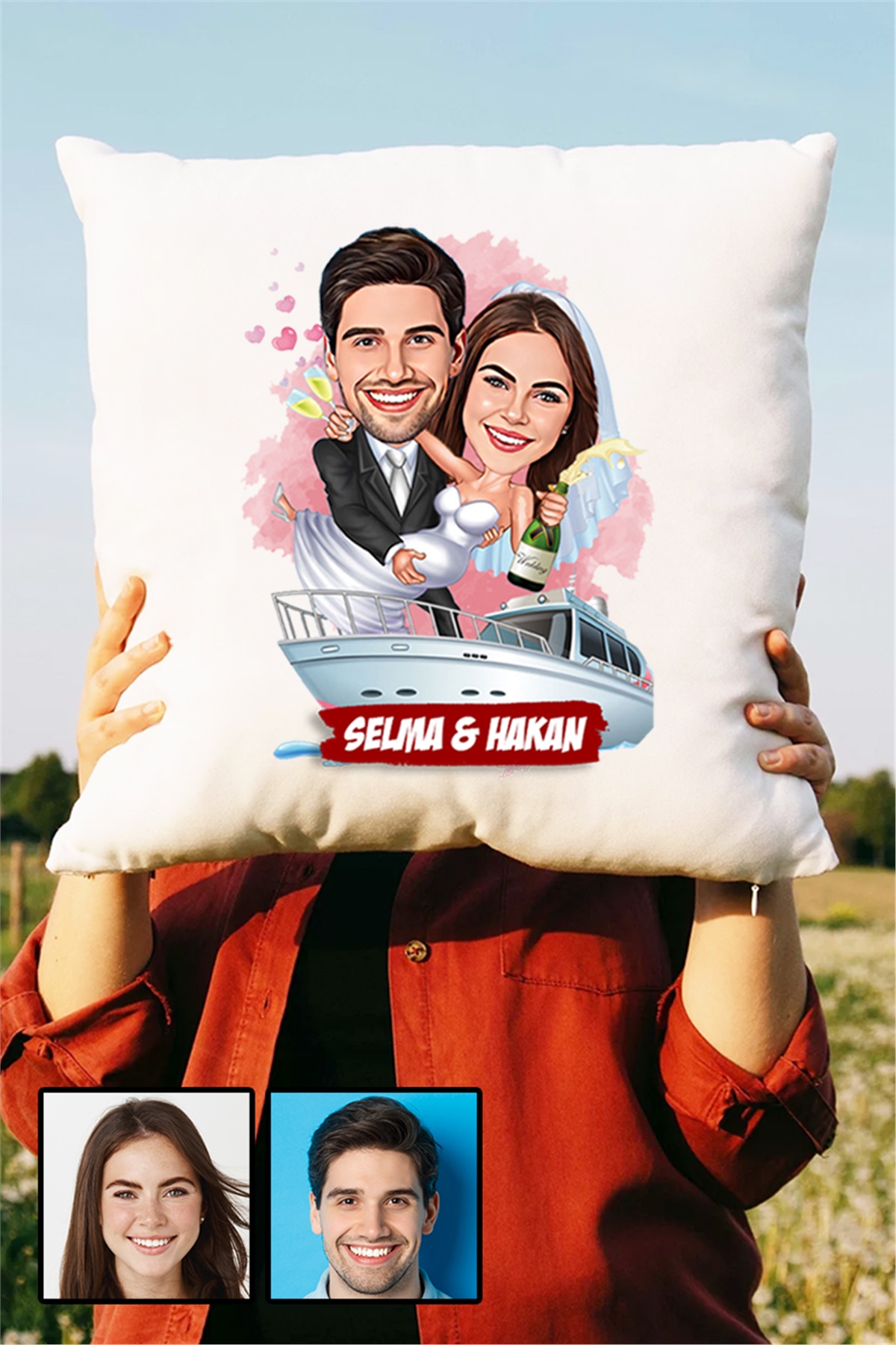 Eşe Komik Hediye Gelin Damat Temalı Karikatürlü Yastık