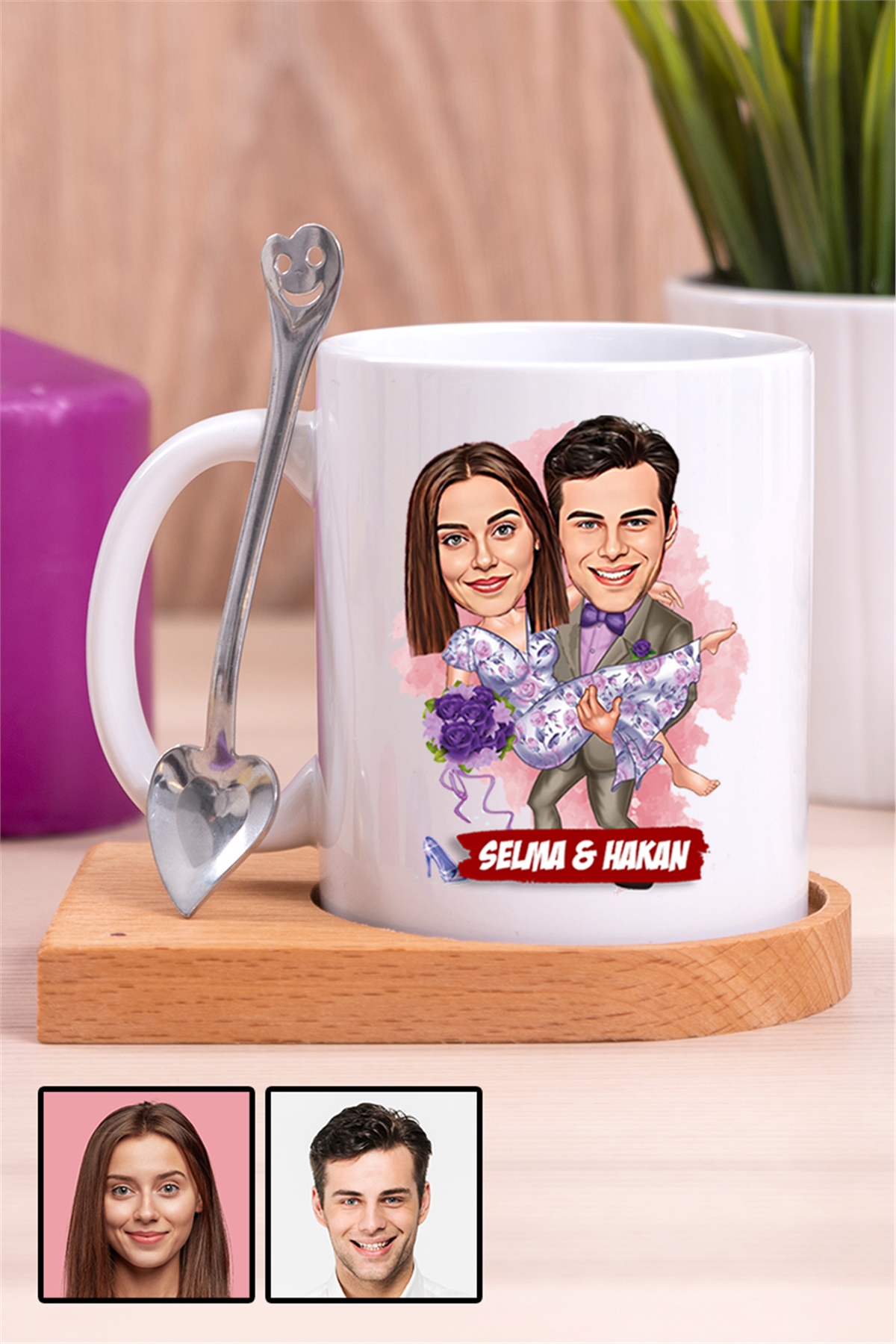 Eşe Romantik Hediye Karikatürlü Ahşap Altlıklı Beyaz Kupa Bardak