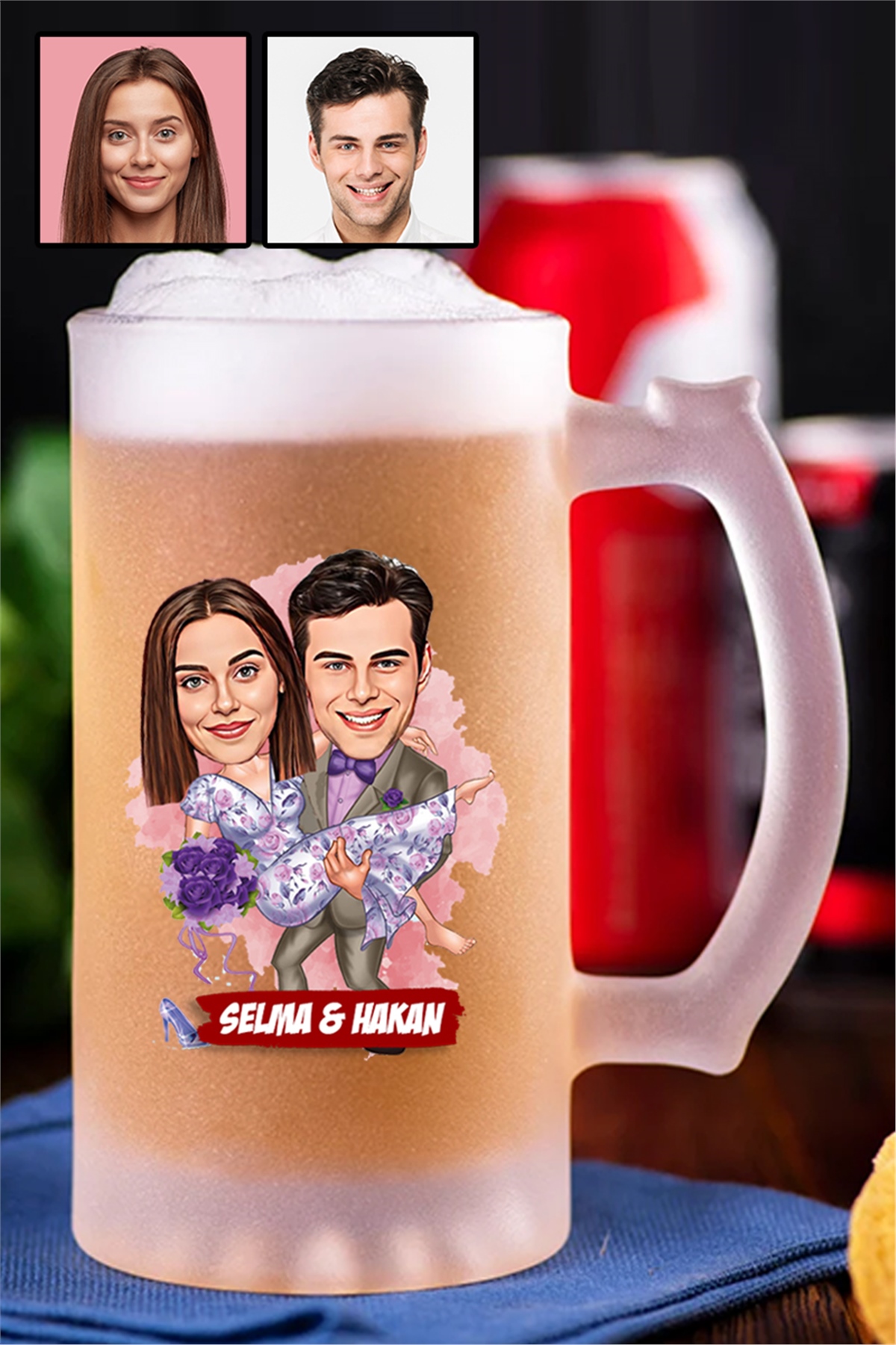 Eşe Romantik Hediye Karikatürlü Buzlu Cam Bira Bardağı