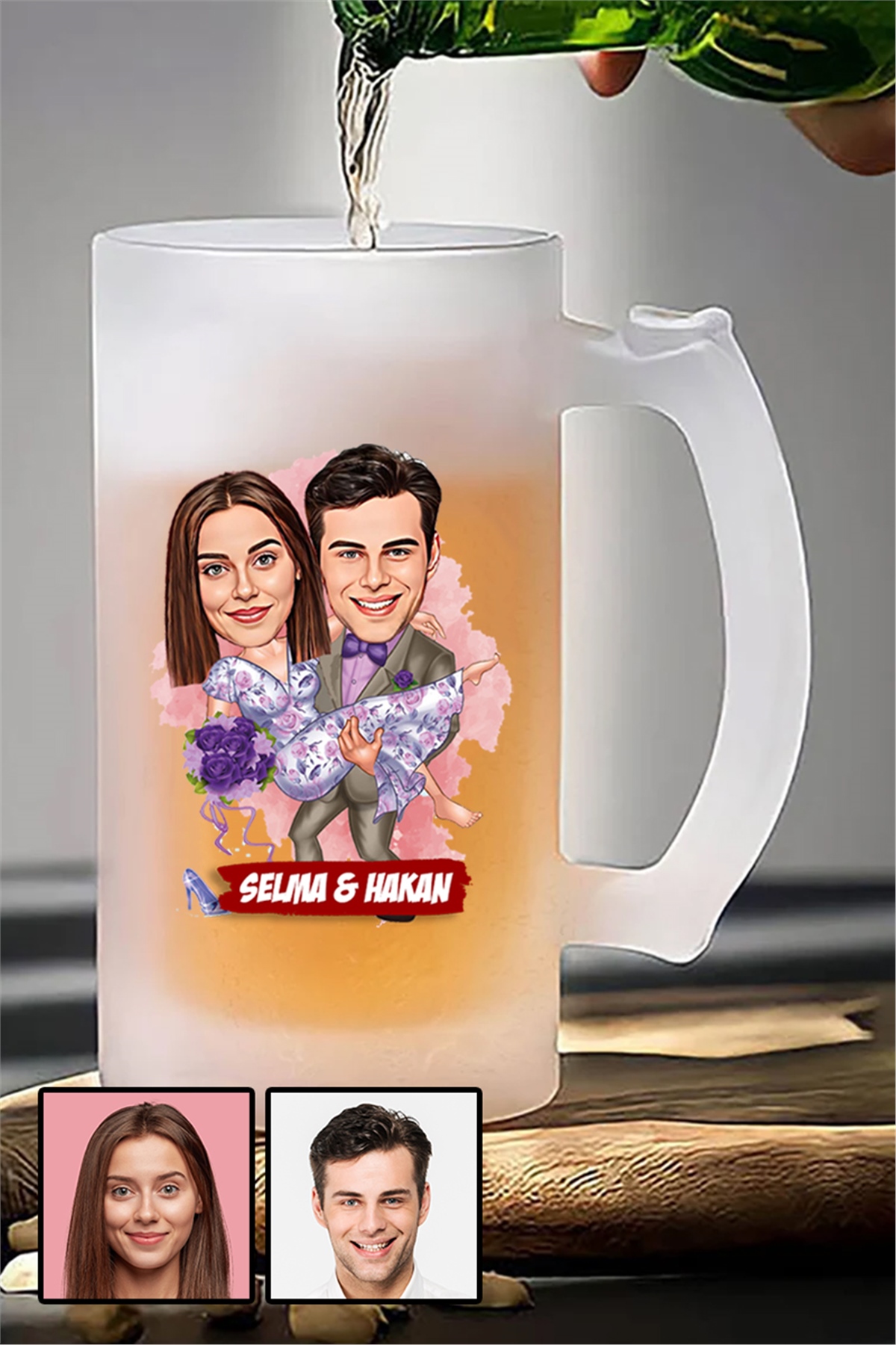 Eşe Romantik Hediye Karikatürlü Buzlu Cam Bira Bardağı