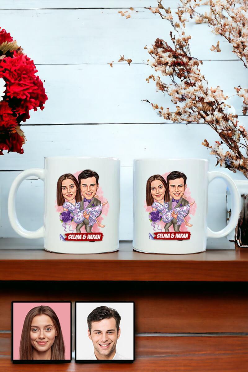 Eşe Romantik Hediye Karikatürlü İkili Beyaz Kupa Bardak