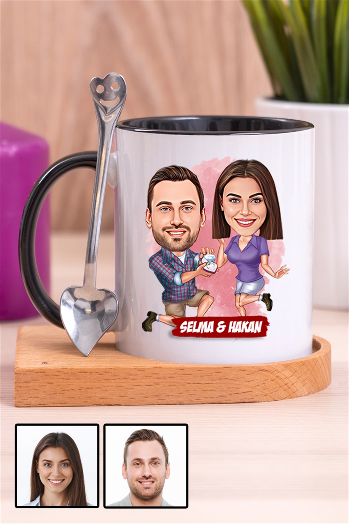 Kız Arkadaşa Yıl Dönümü Hediyesi Karikatürlü Ahşap Altlıklı İçi Renkli Kupa Bardak