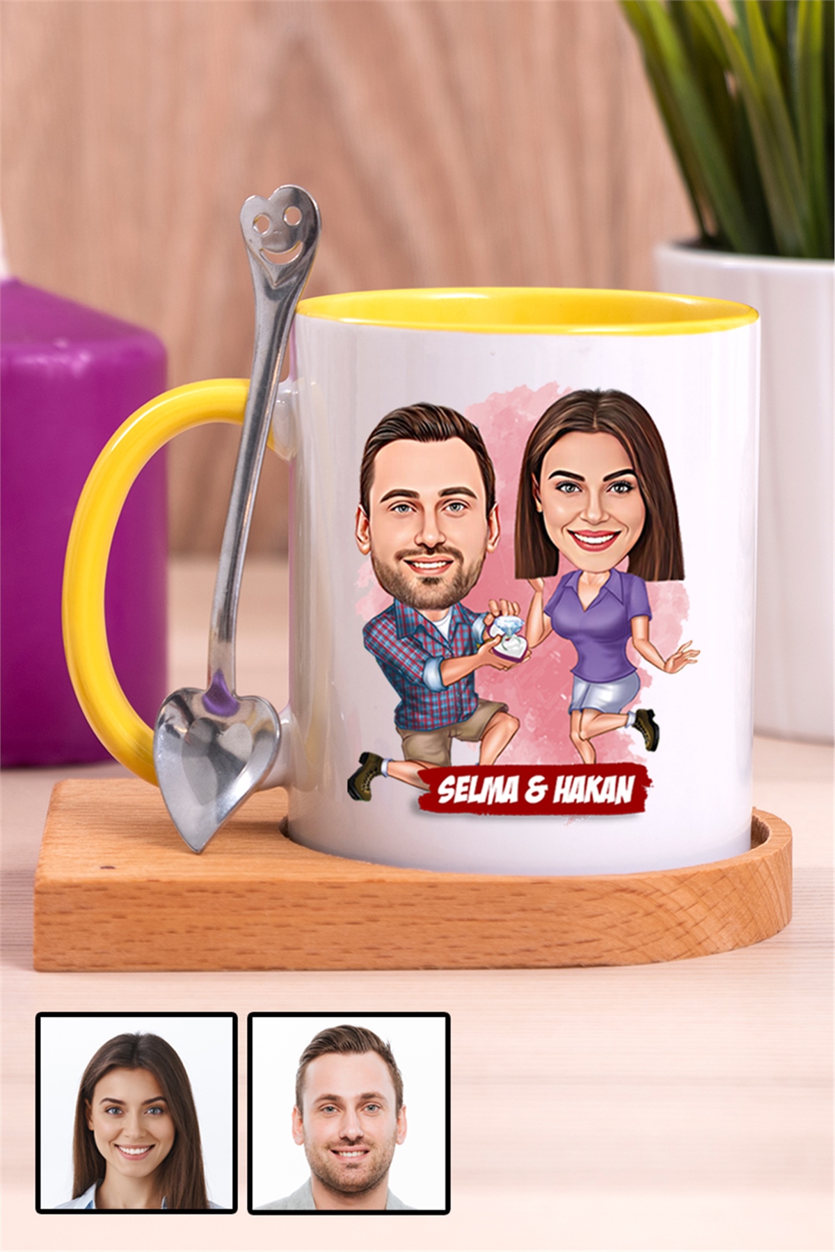 Kız Arkadaşa Yıl Dönümü Hediyesi Karikatürlü Ahşap Altlıklı İçi Renkli Kupa Bardak