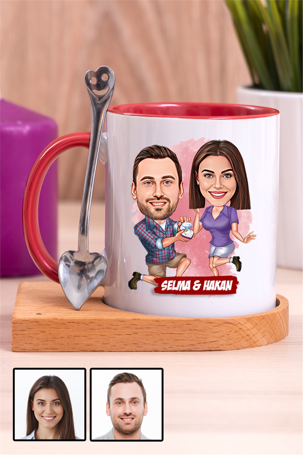 Kız Arkadaşa Yıl Dönümü Hediyesi Karikatürlü Ahşap Altlıklı İçi Renkli Kupa Bardak