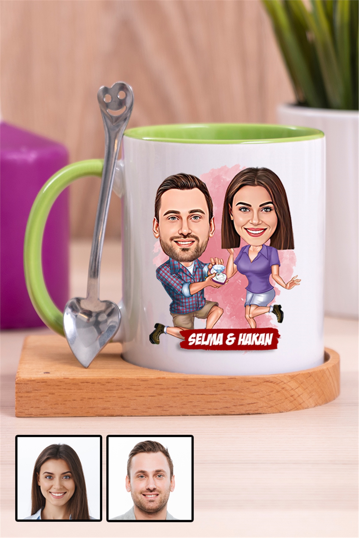 Kız Arkadaşa Yıl Dönümü Hediyesi Karikatürlü Ahşap Altlıklı İçi Renkli Kupa Bardak