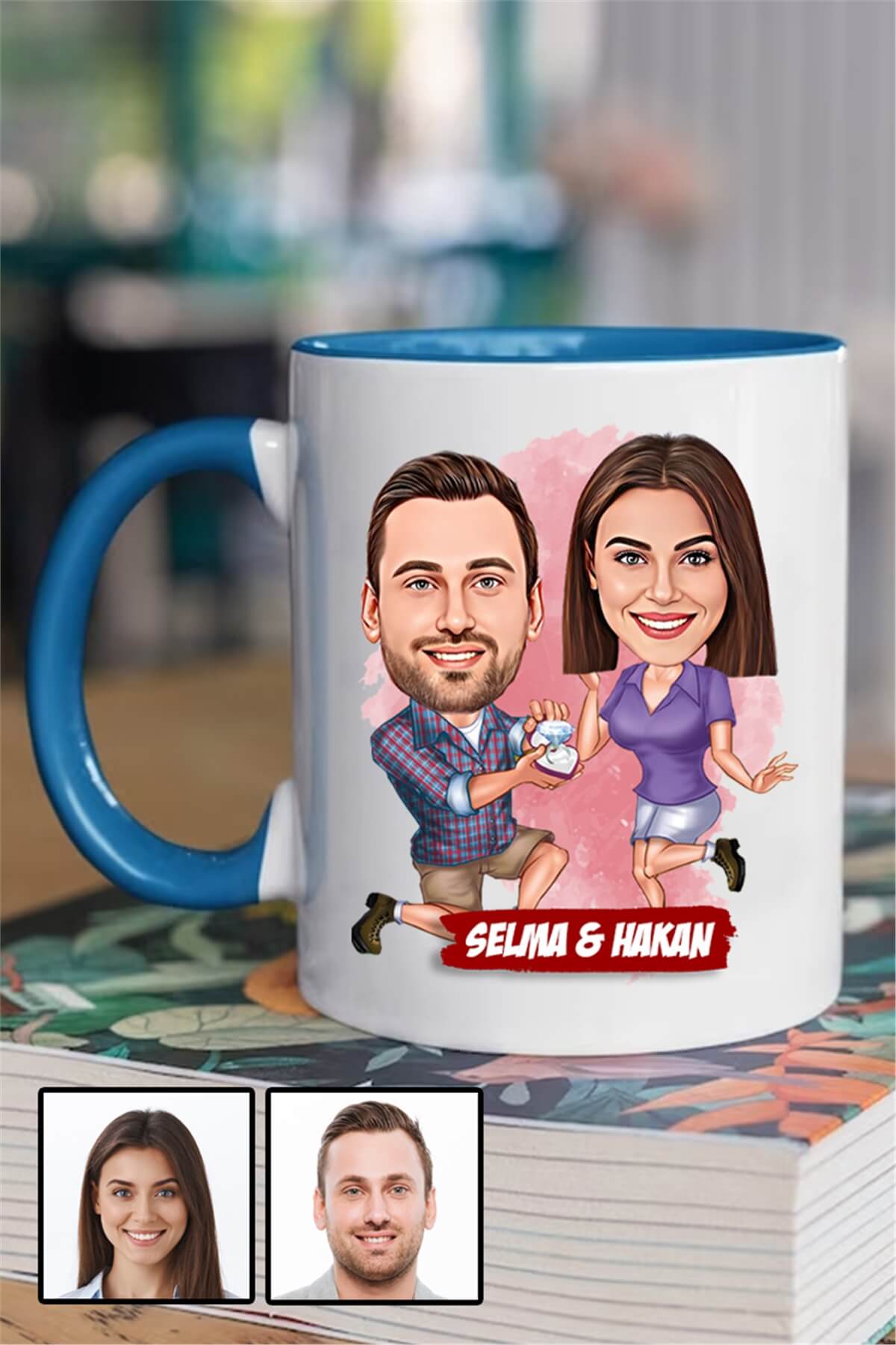 Eşe Romantik Yıl Dönümü Hediyesi Karikatürlü İçi Renkli Kupa Bardak