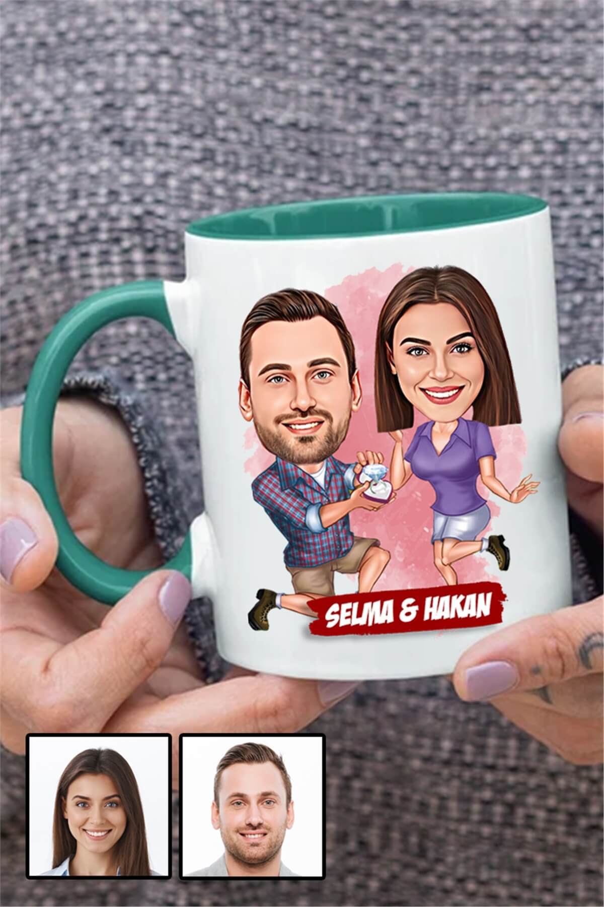 Eşe Romantik Yıl Dönümü Hediyesi Karikatürlü İçi Renkli Kupa Bardak