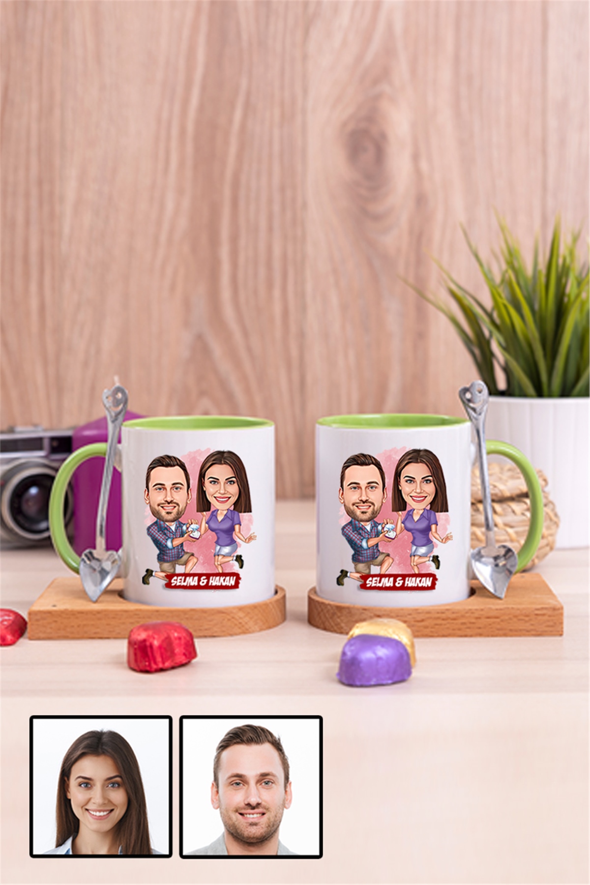 Eşe Yıldönümü Hediyesi Karikatürlü İkili Ahşap Altlıklı İçi Renkli Kupa Bardak