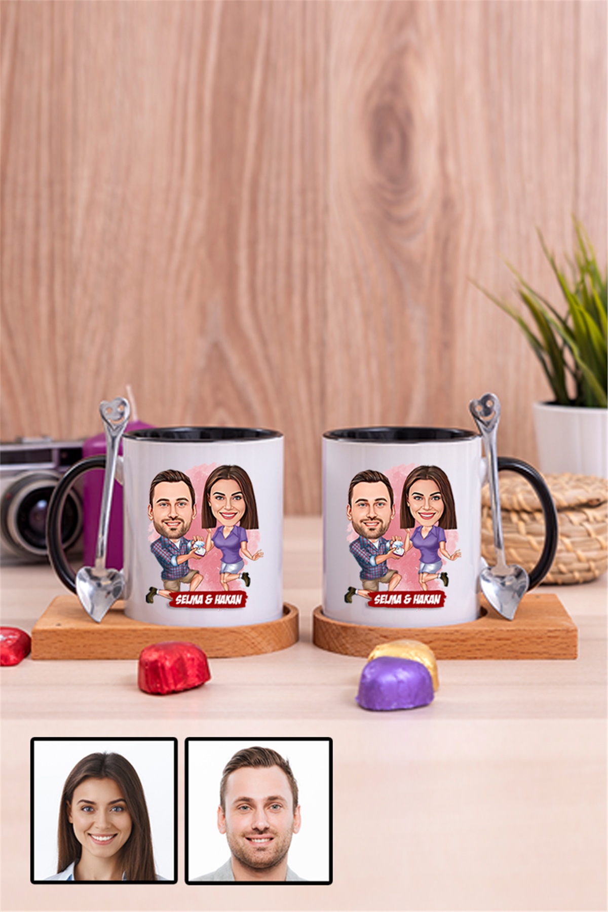 Eşe Yıldönümü Hediyesi Karikatürlü İkili Ahşap Altlıklı İçi Renkli Kupa Bardak