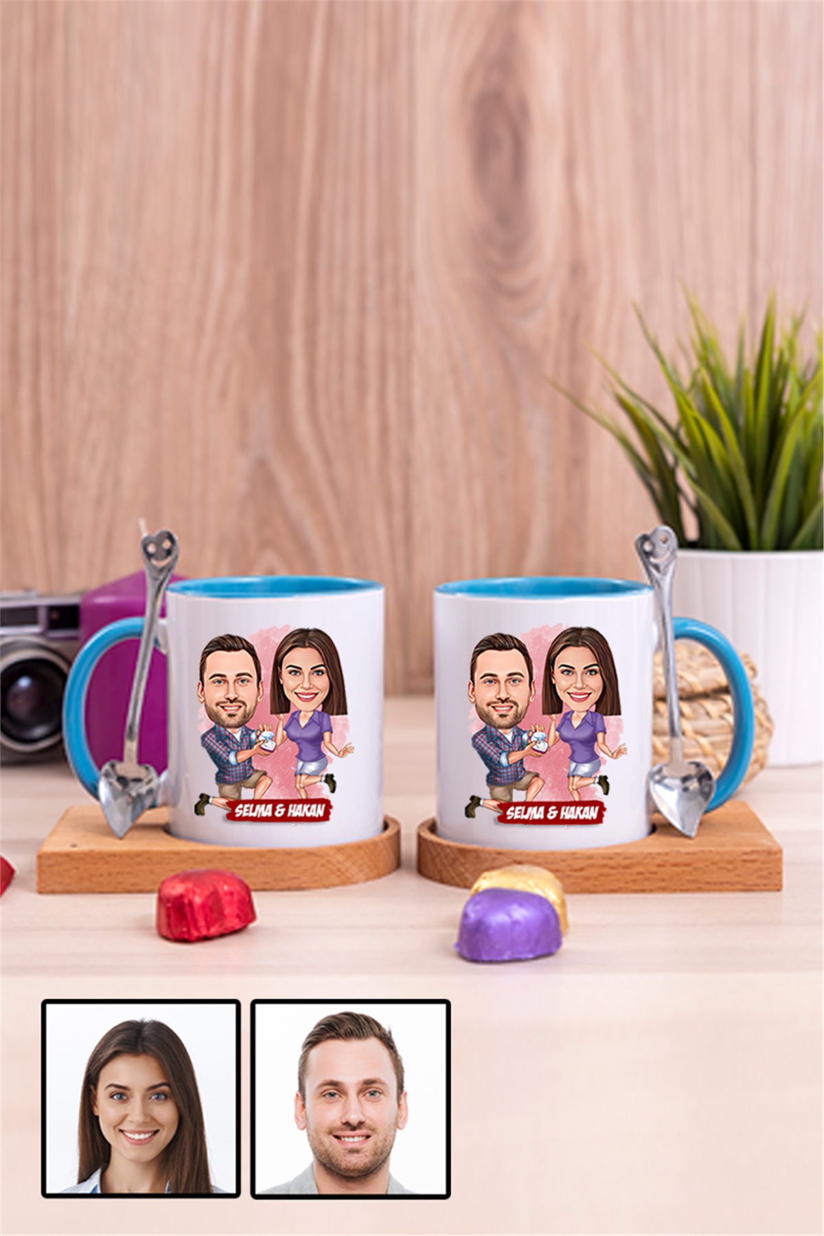 Eşe Yıldönümü Hediyesi Karikatürlü İkili Ahşap Altlıklı İçi Renkli Kupa Bardak